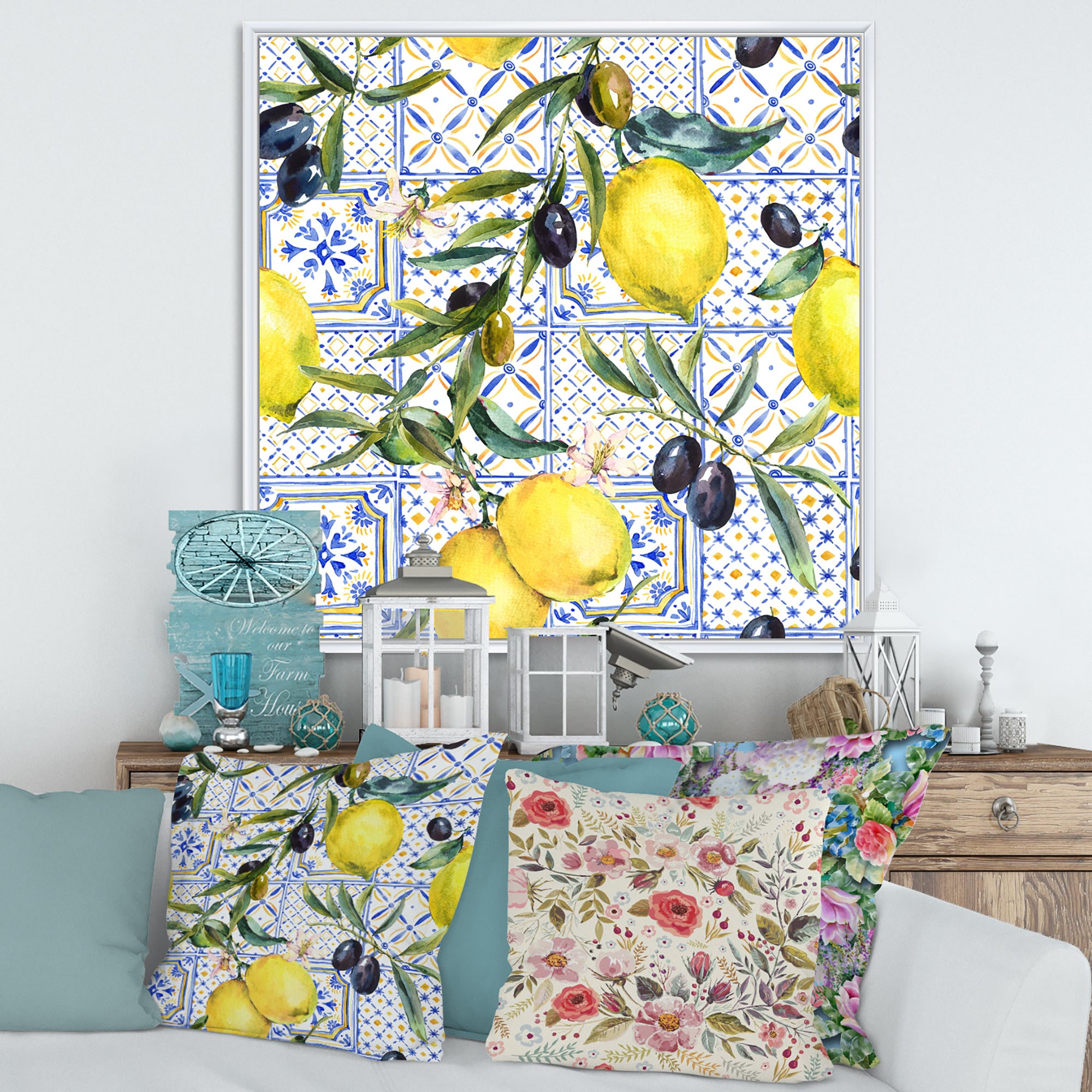 Lemon Ornament On Blue Geometrical Pattern III
