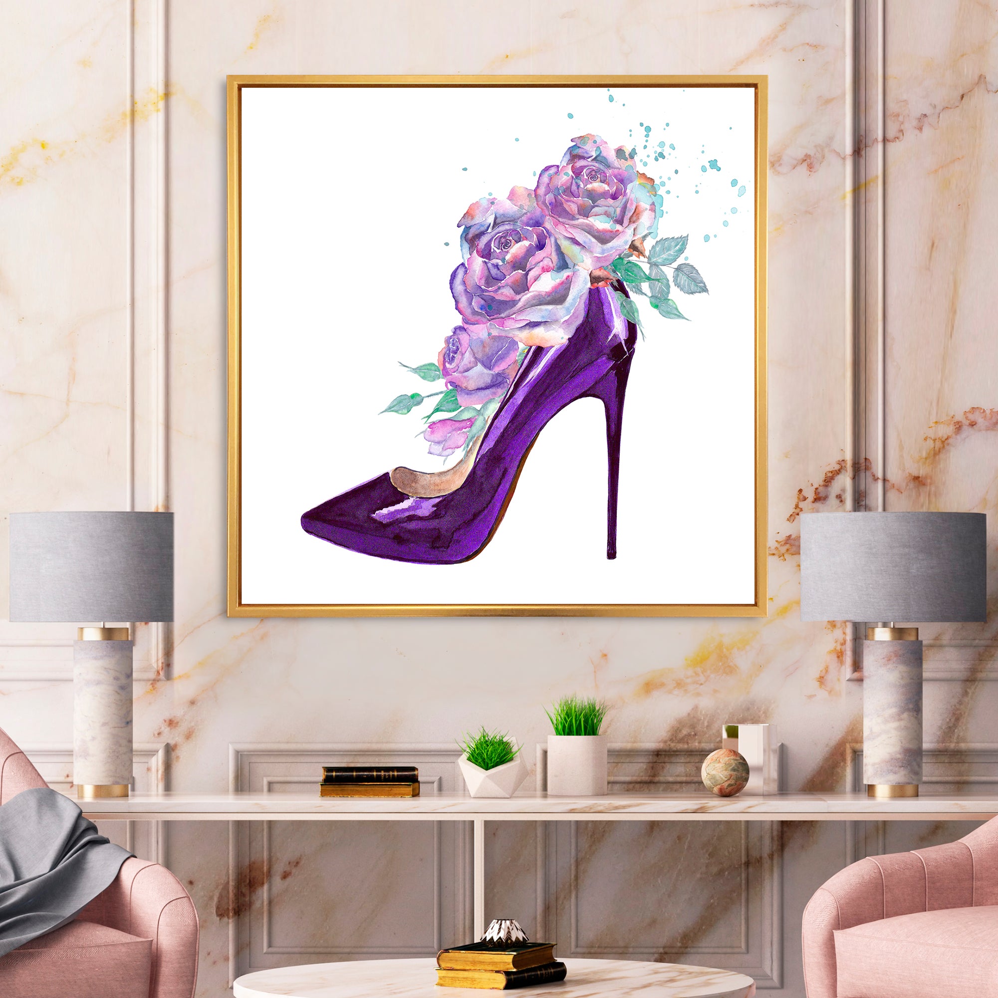 Dark Purple Stiletto Shoe With Pink VIolet Roses