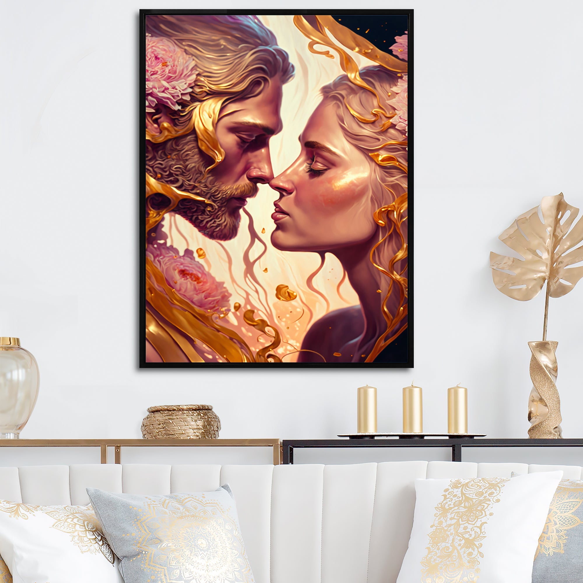 Gold And Pink Couple Kissing Art