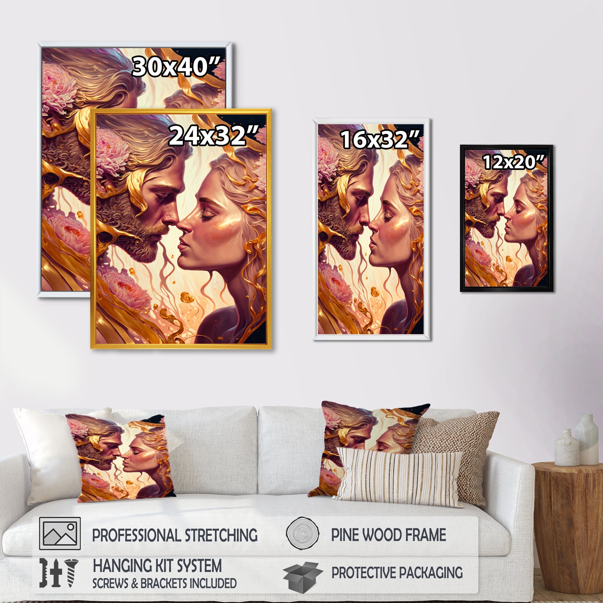 Gold And Pink Couple Kissing Art