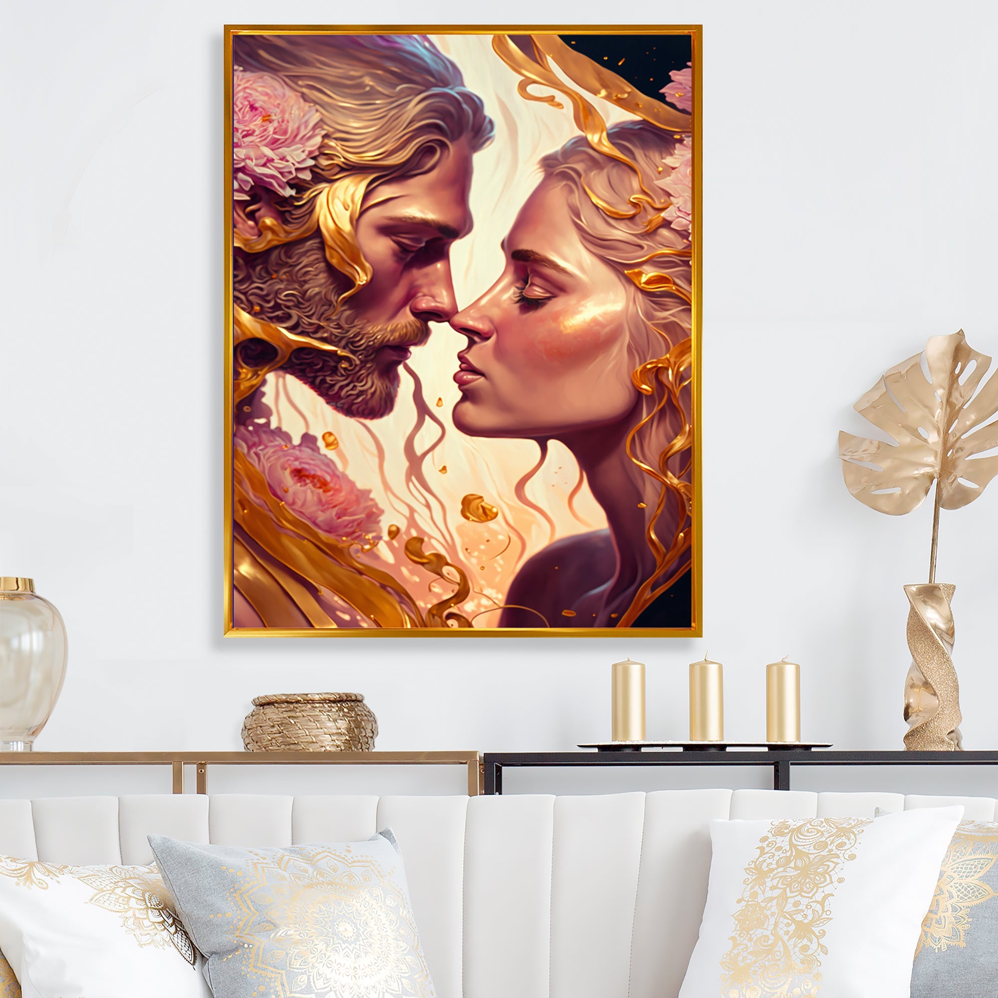 Gold And Pink Couple Kissing Art