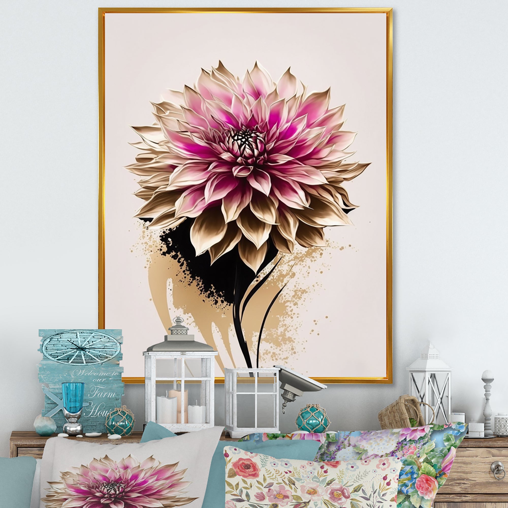 Pink Dahli Flower On Abstract Fusion