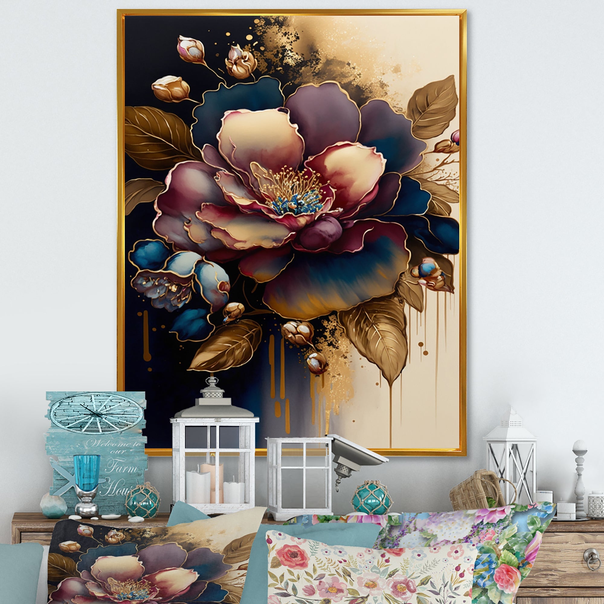 Red And Gold Camellia Floral Design I