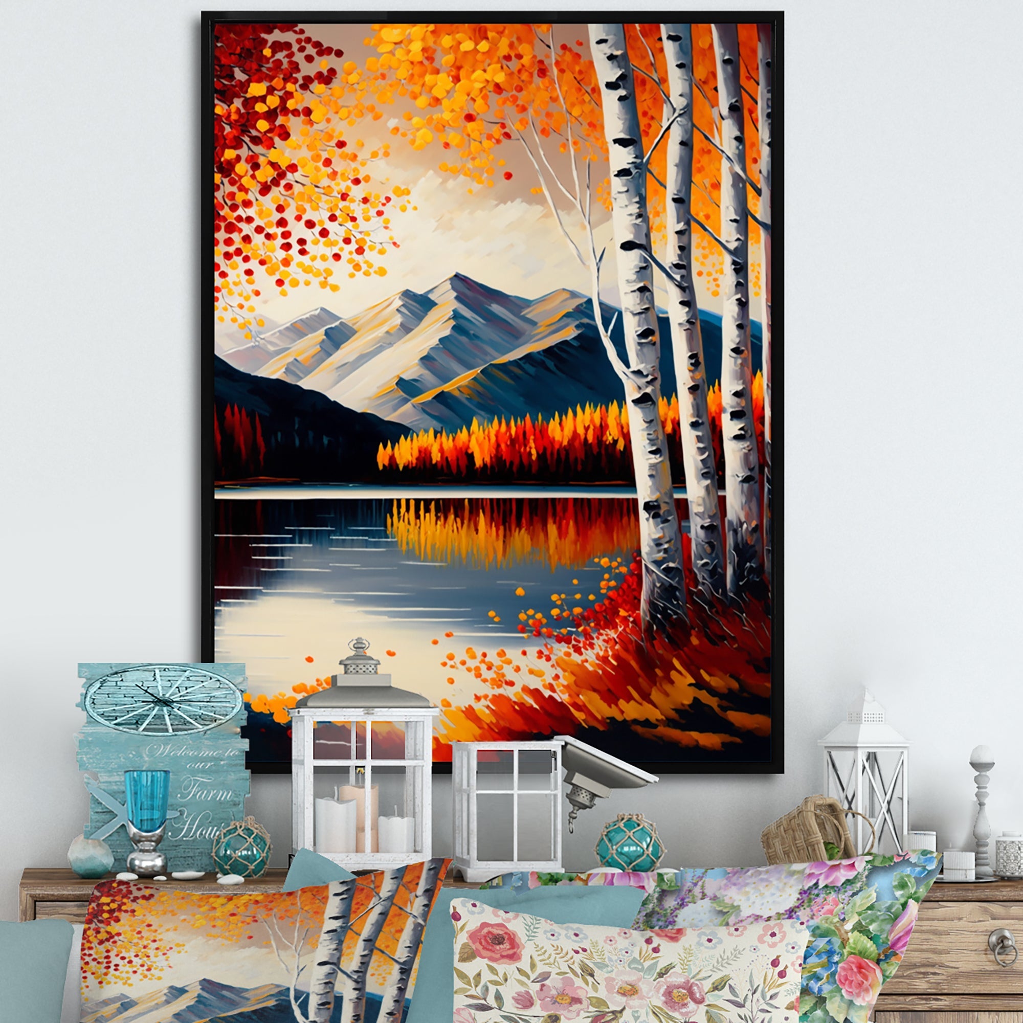 Red And Orange Birch Trees By The Lake V