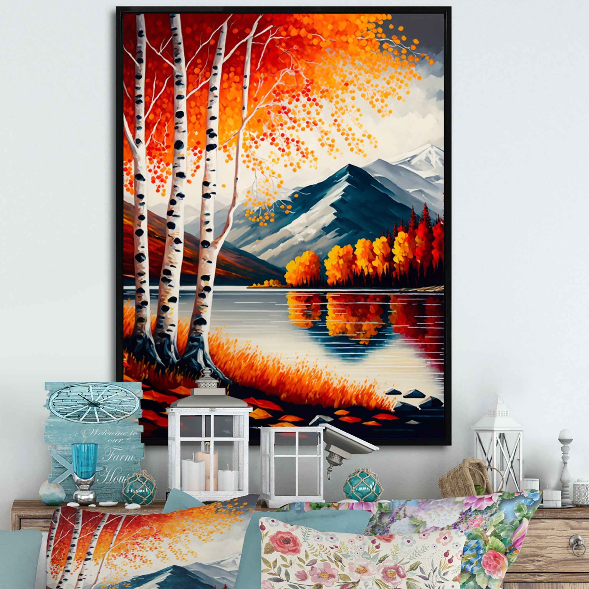 Red And Orange Birch Trees By The Lake VI