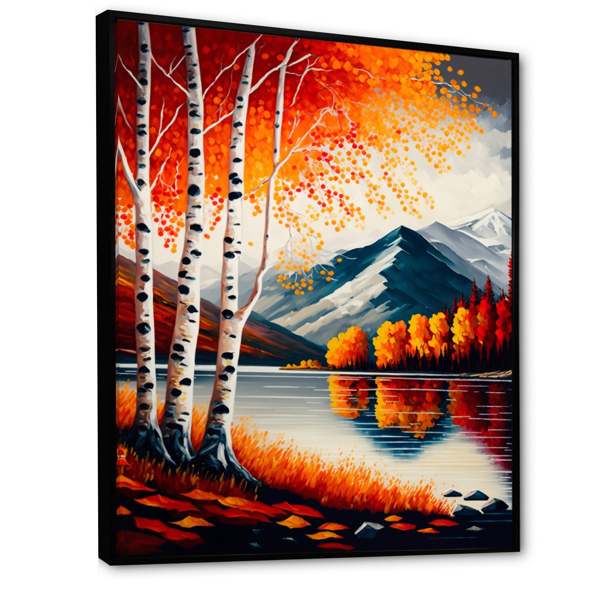 Red And Orange Birch Trees By The Lake VI