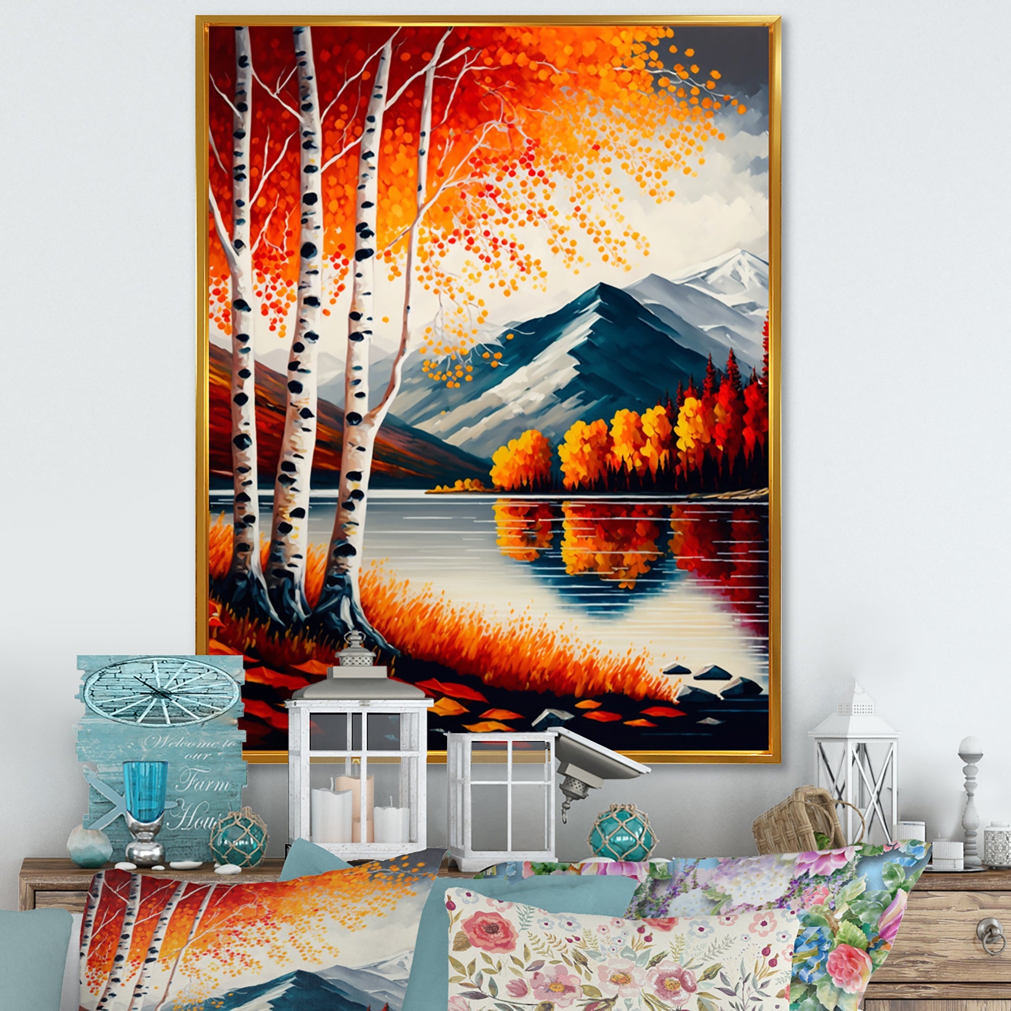 Red And Orange Birch Trees By The Lake VI