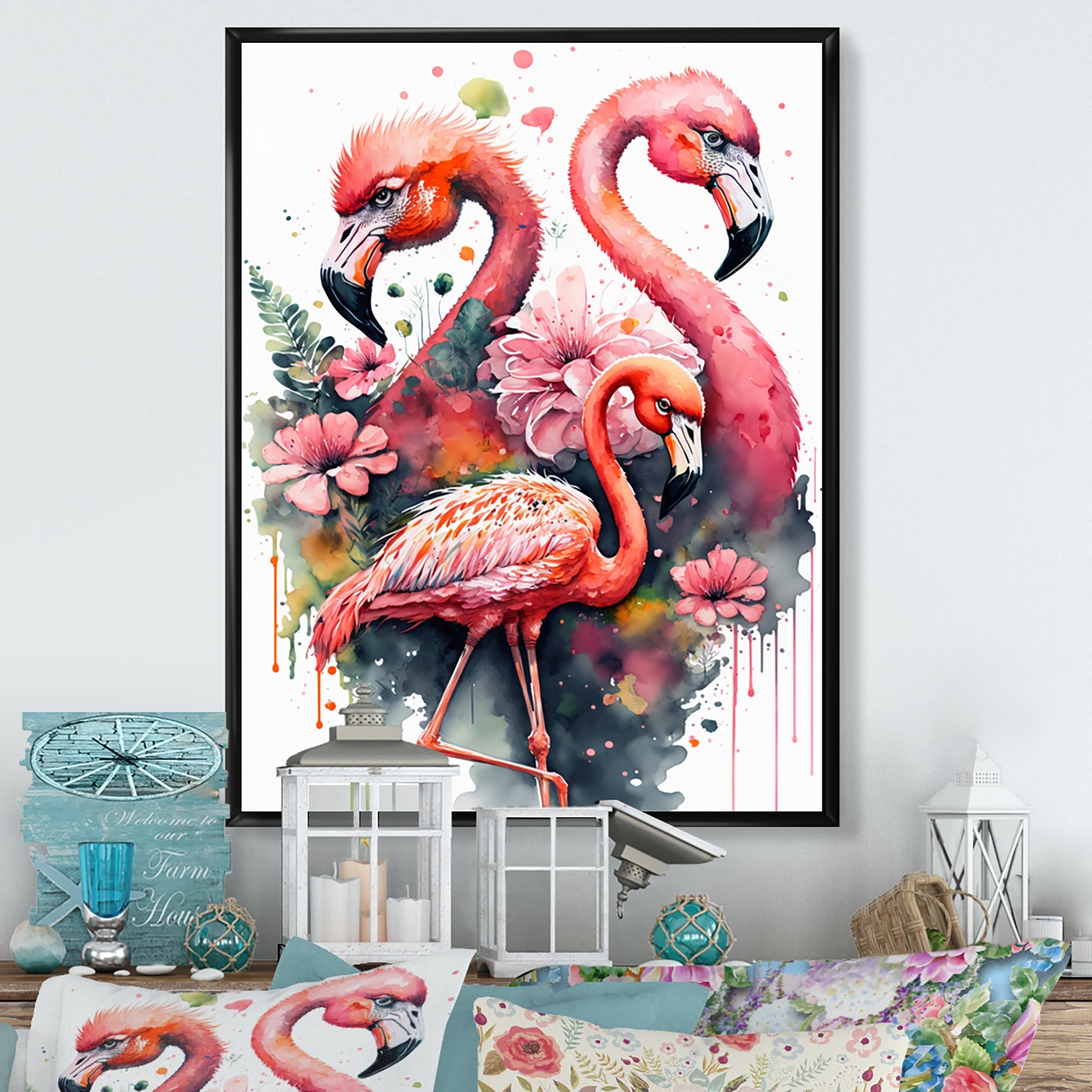 Cute Flamingos Floral Art I