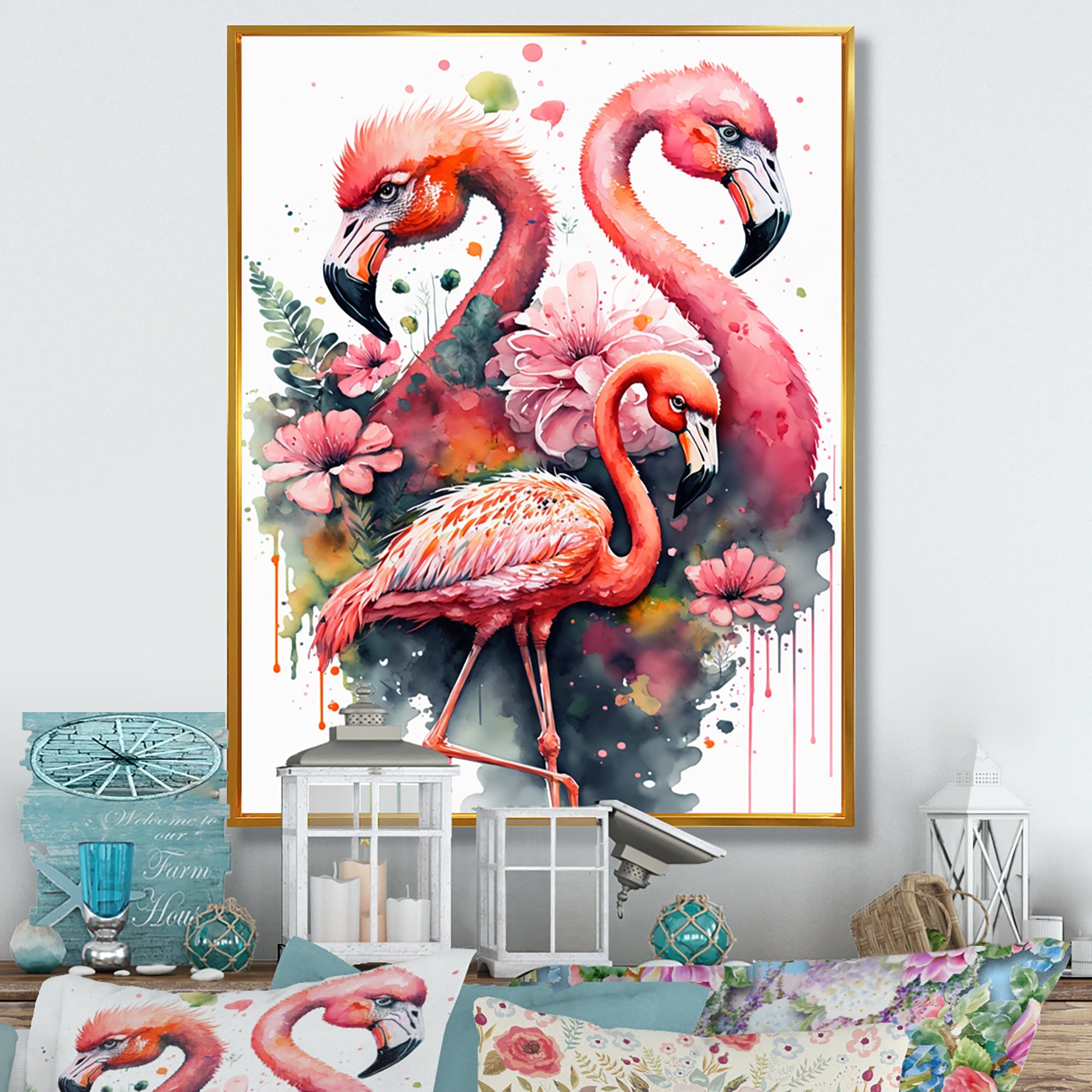Cute Flamingos Floral Art I