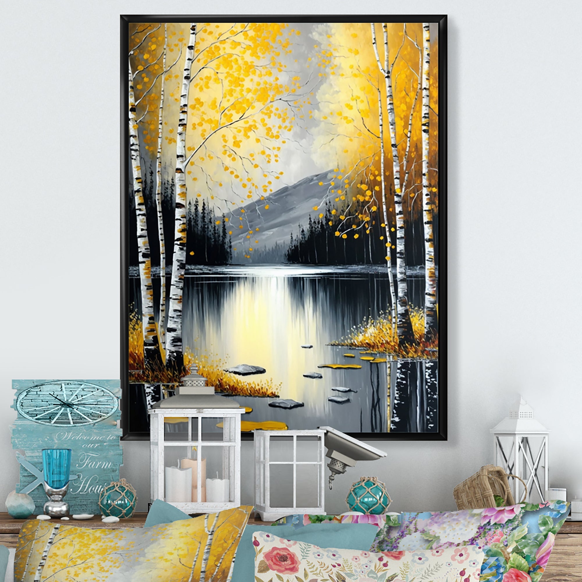 Monochrome Golden Birch Trees By The Lake I