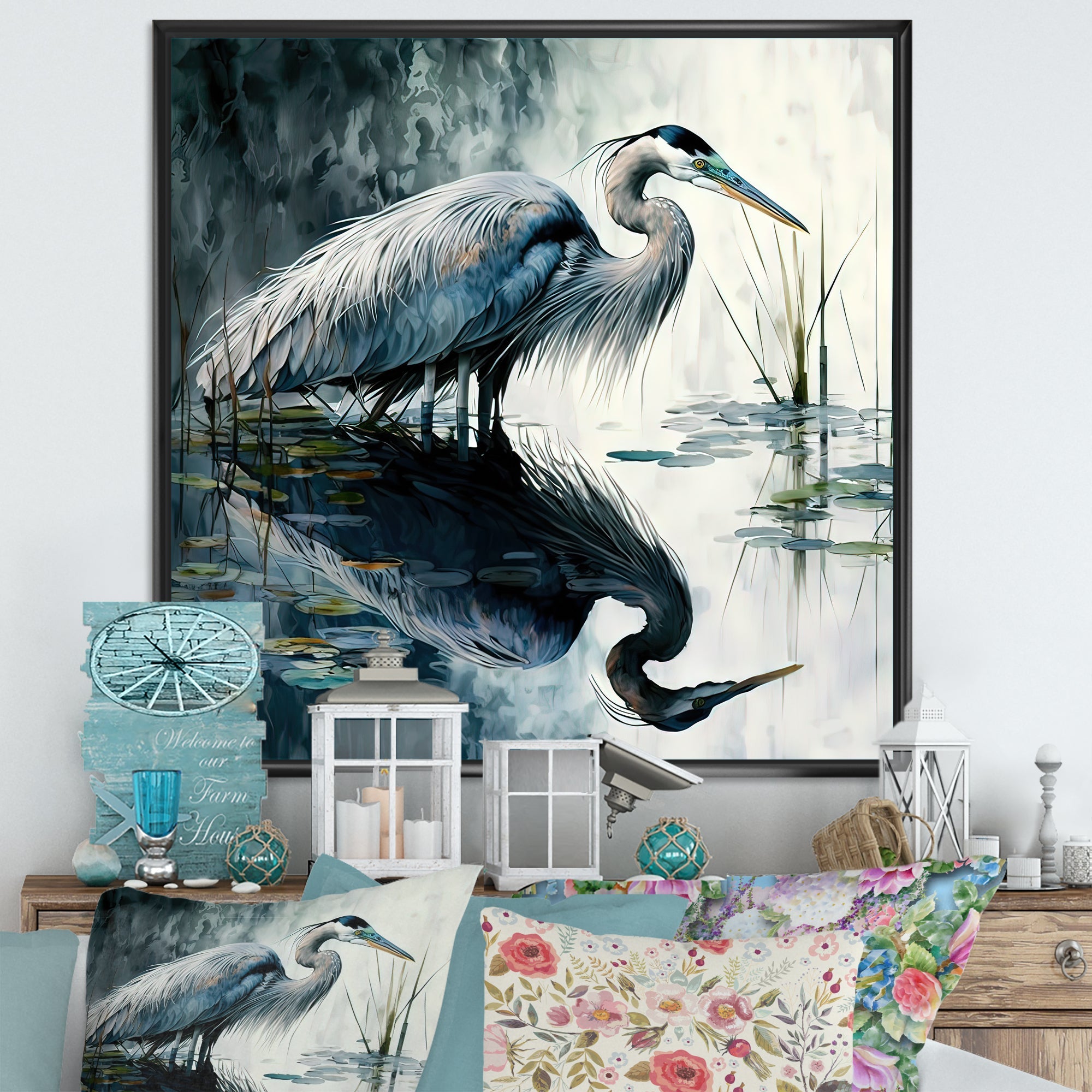 Cute Heron In A Lake Floral Art IV