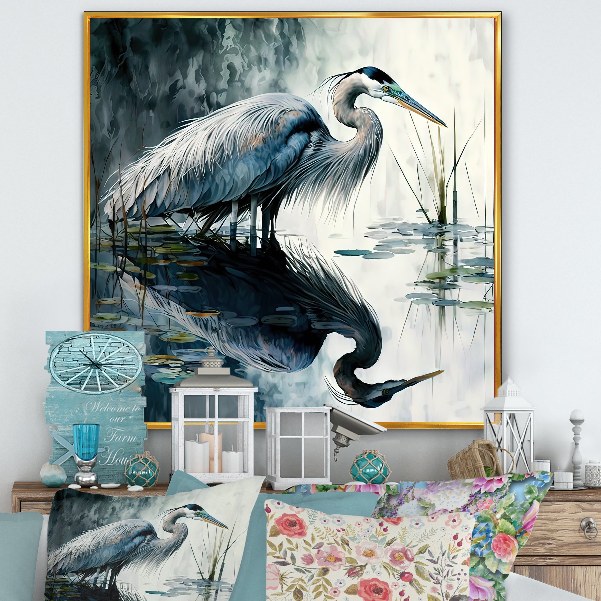 Cute Heron In A Lake Floral Art IV