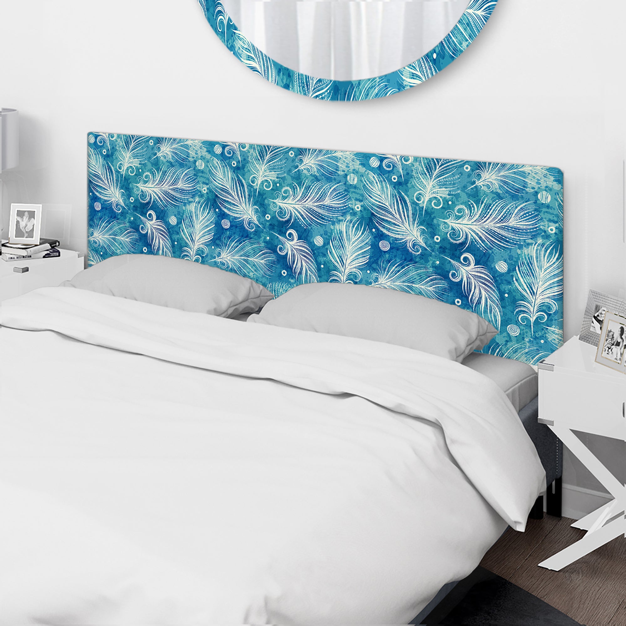 Pattern with Feathers and Circles upholstered headboard