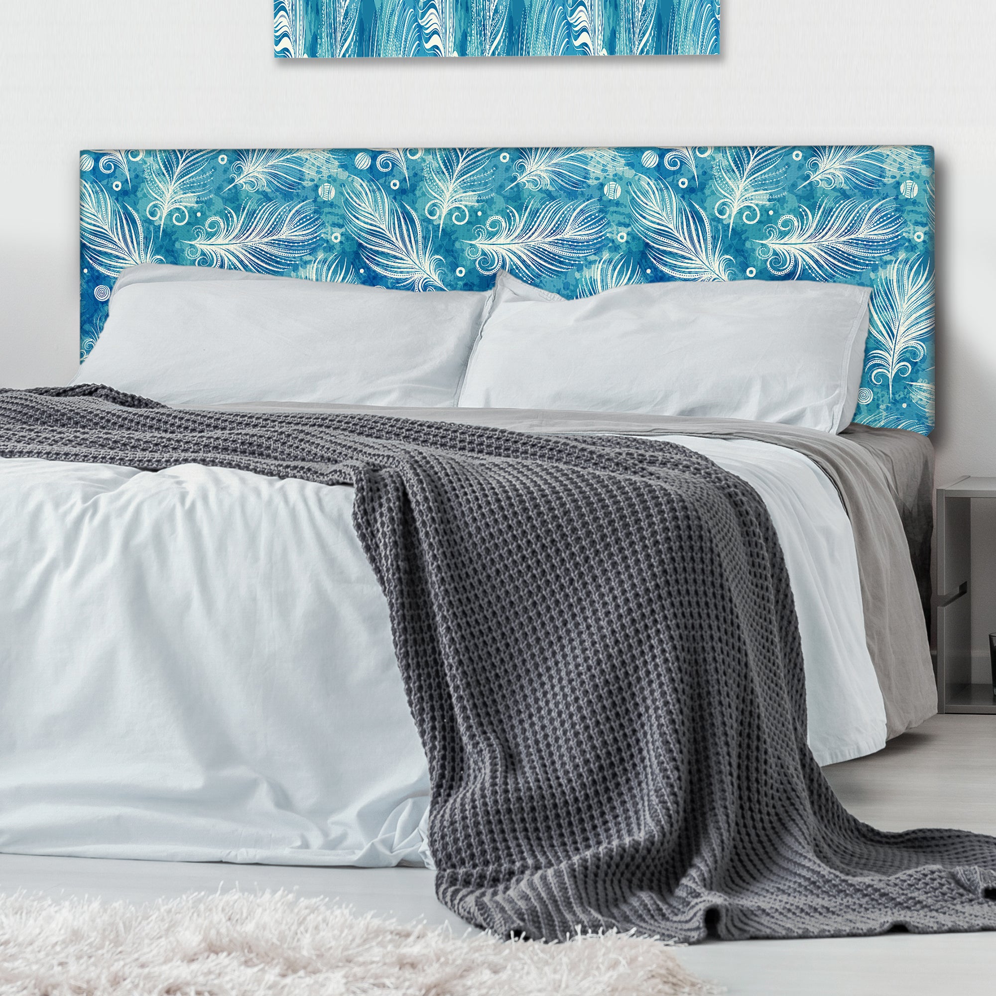 Pattern with Feathers and Circles upholstered headboard