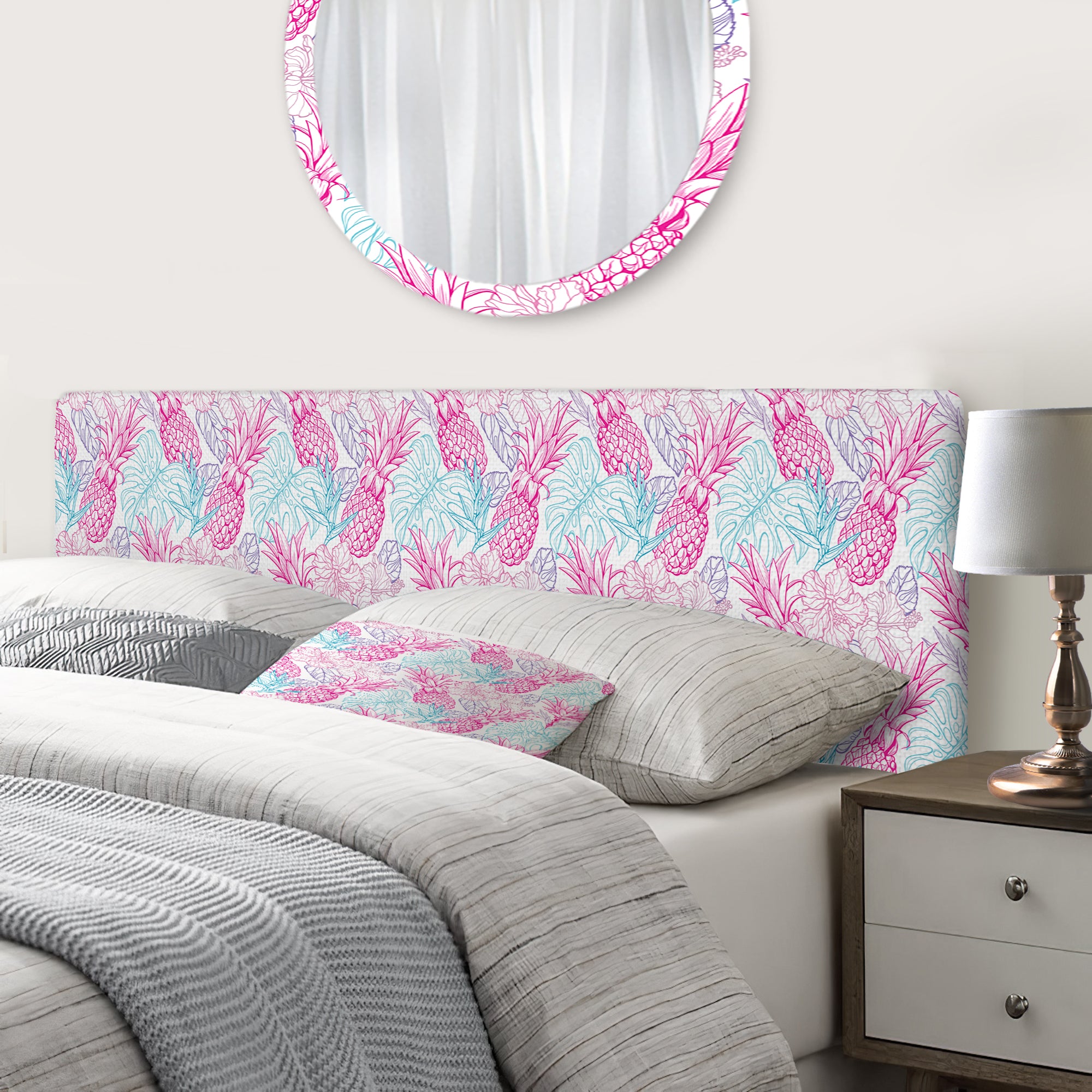 Colorful Pattern with Tropical Flowers & Pineapples upholstered headboard