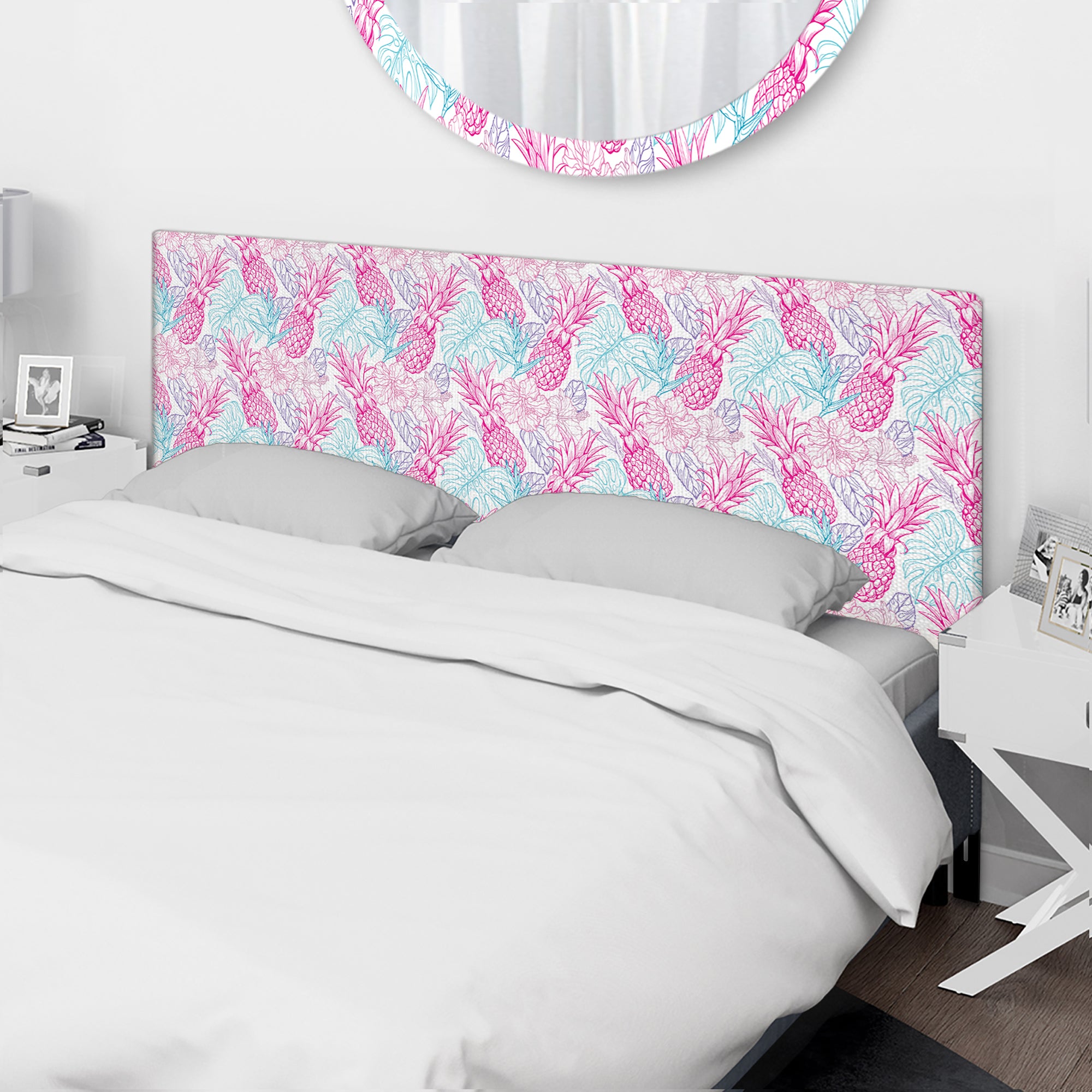 Colorful Pattern with Tropical Flowers & Pineapples upholstered headboard