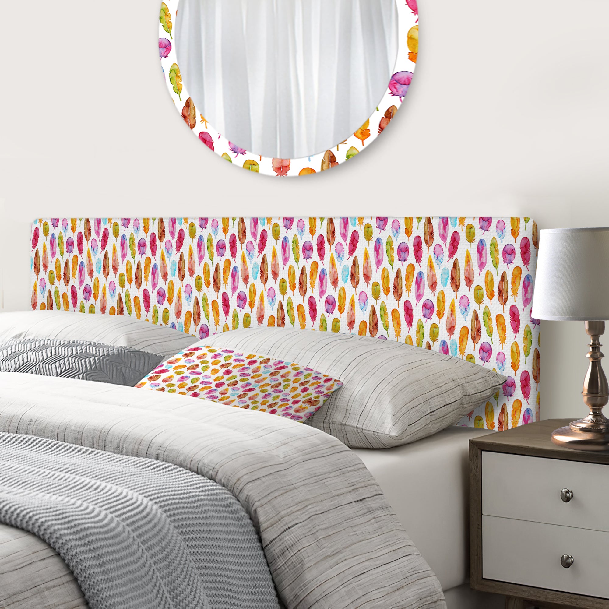 Pattern with Colorful Feathers upholstered headboard