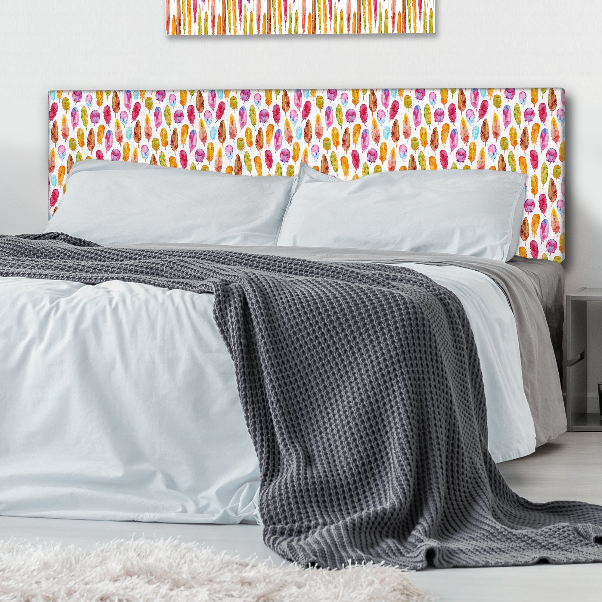 Pattern with Colorful Feathers upholstered headboard