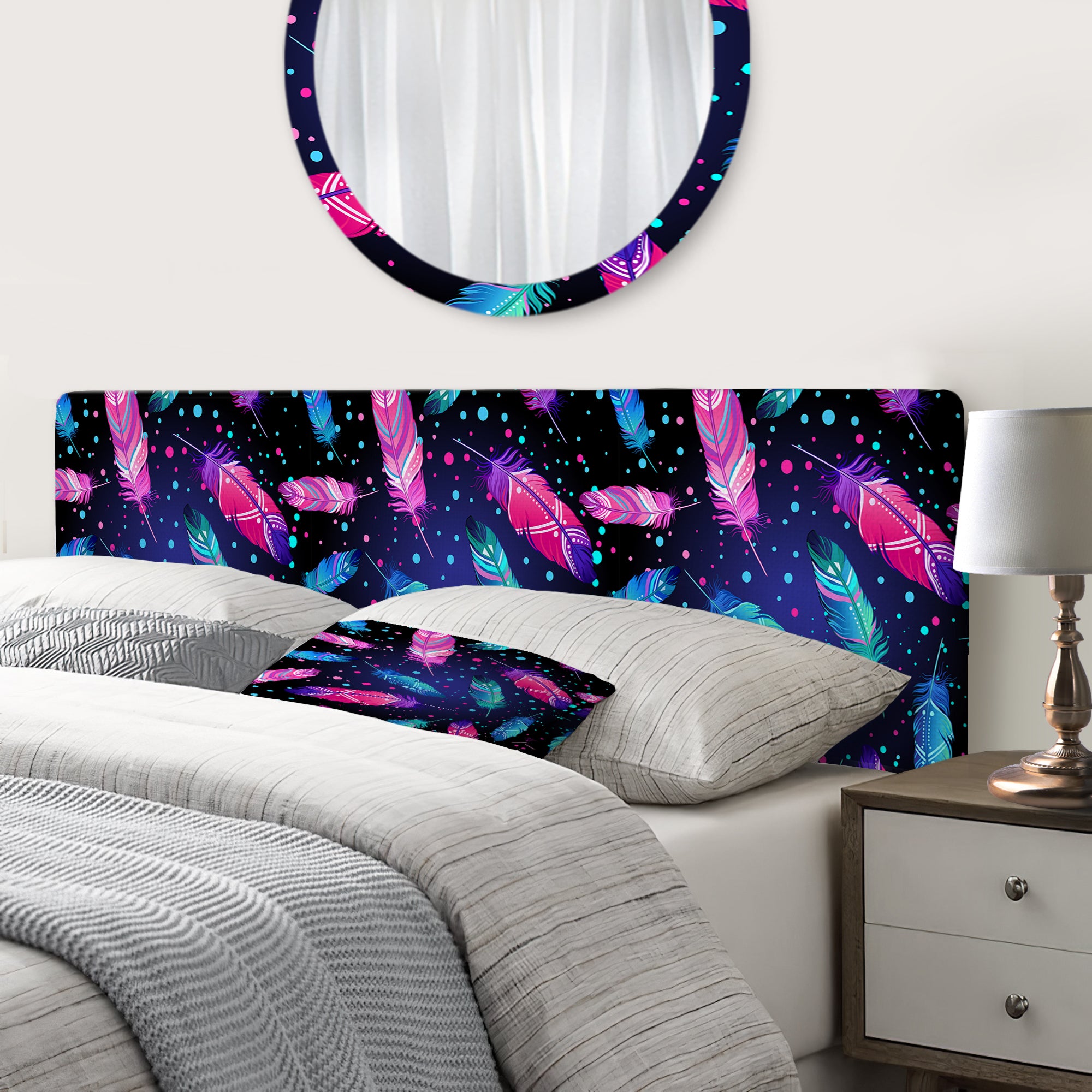 Pattern with Painted Bird Feathers upholstered headboard