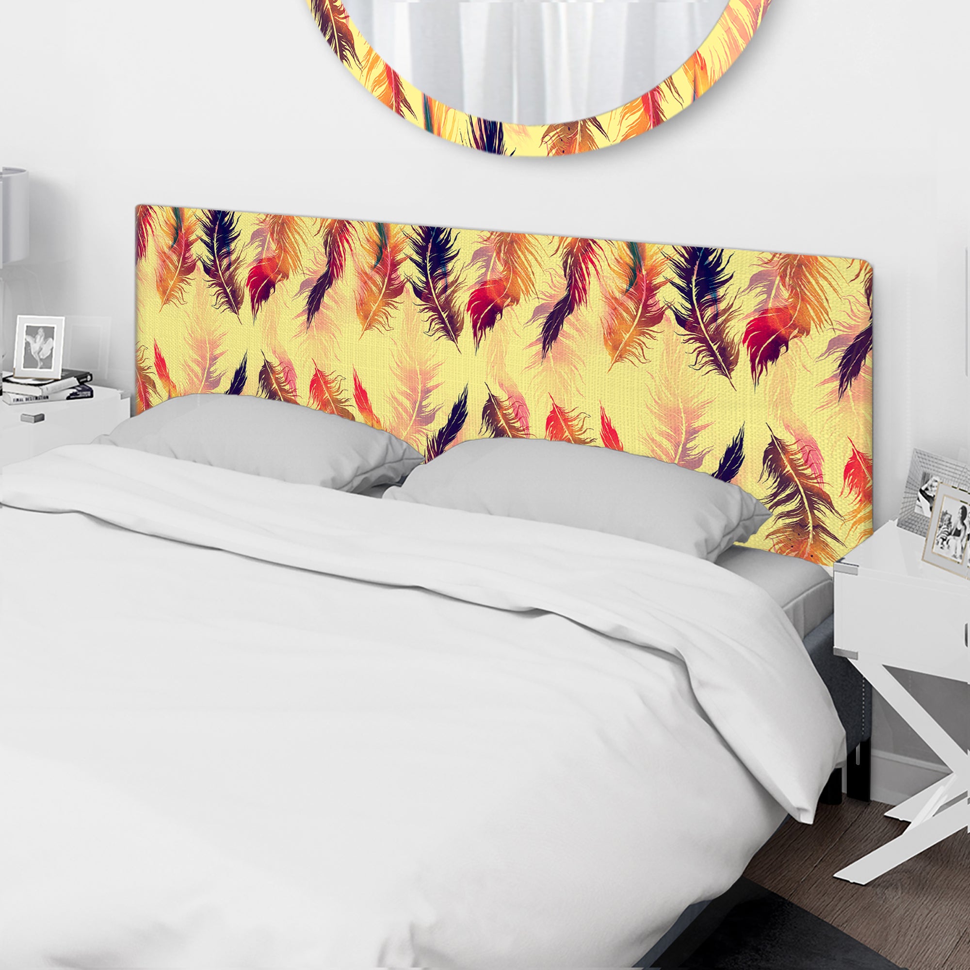 Pattern with Imprints of Flying Bird Feathers upholstered headboard