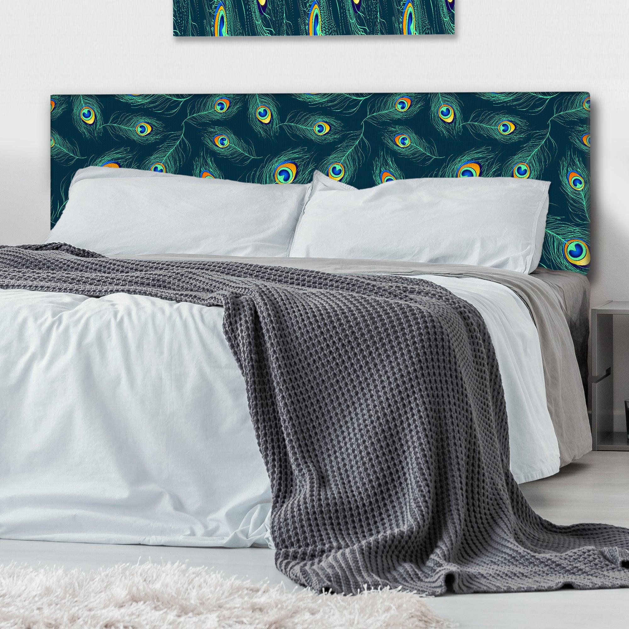Pattern of Peacock Feathers upholstered headboard