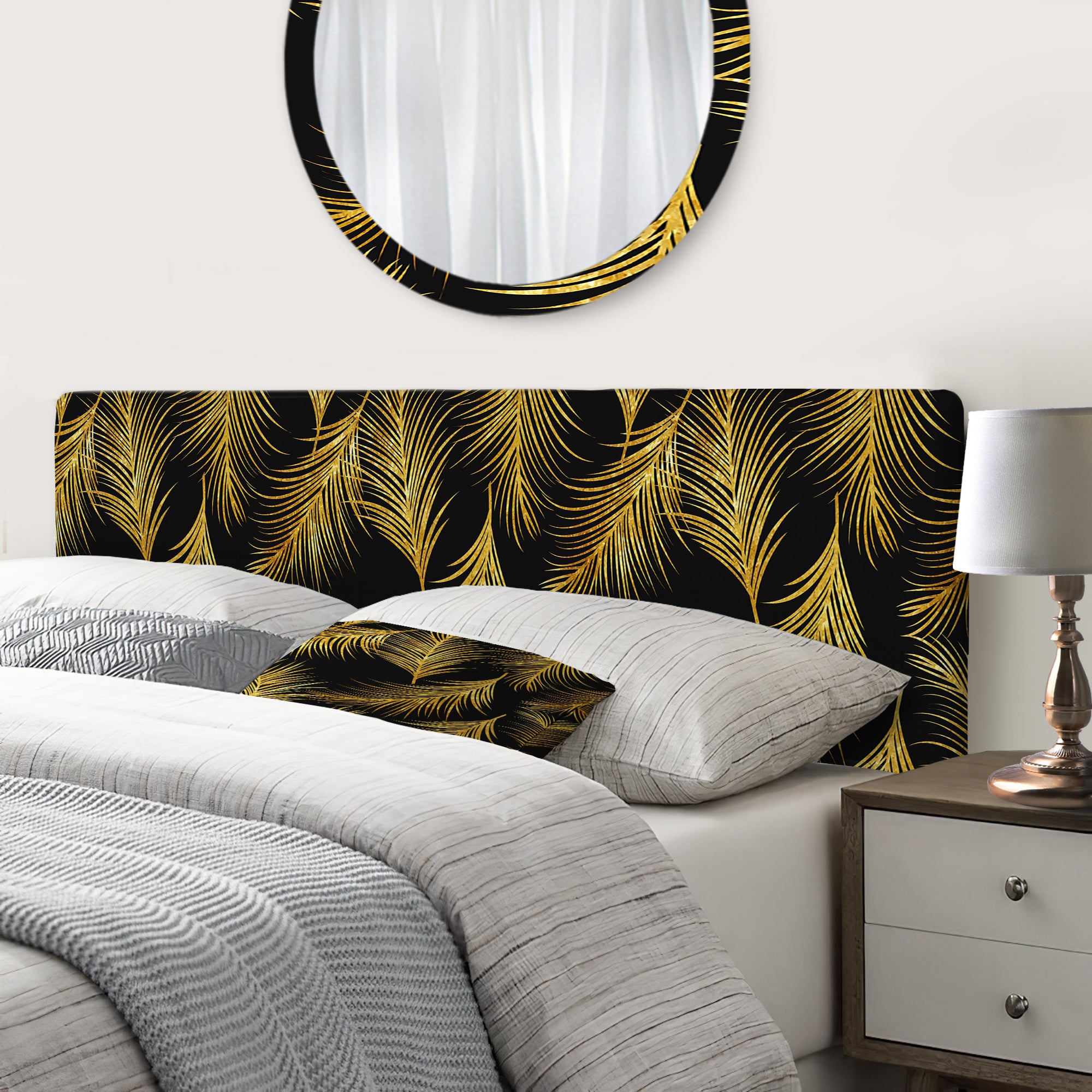 Golden Tropical Leaves Pattern upholstered headboard