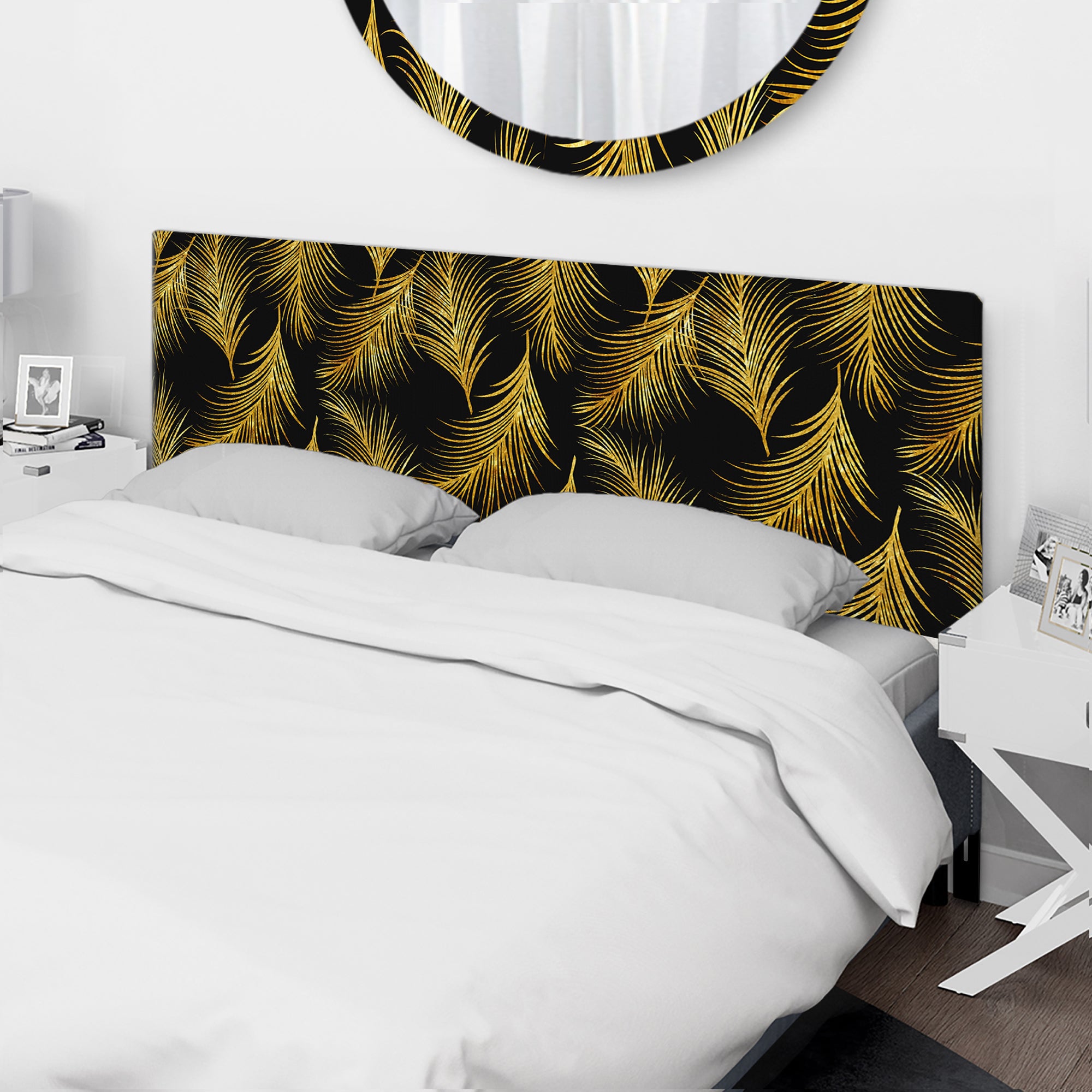 Golden Tropical Leaves Pattern upholstered headboard
