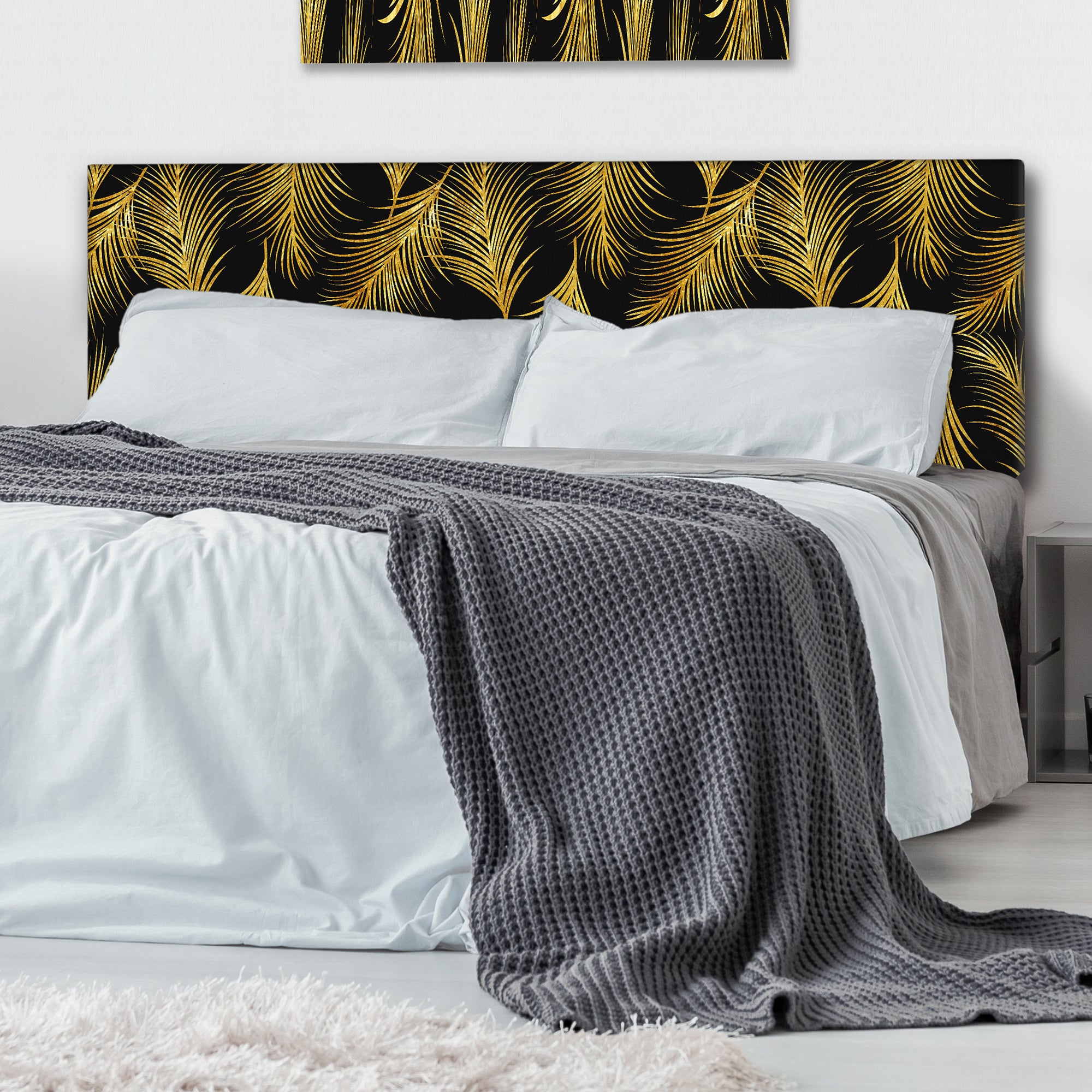 Golden Tropical Leaves Pattern upholstered headboard