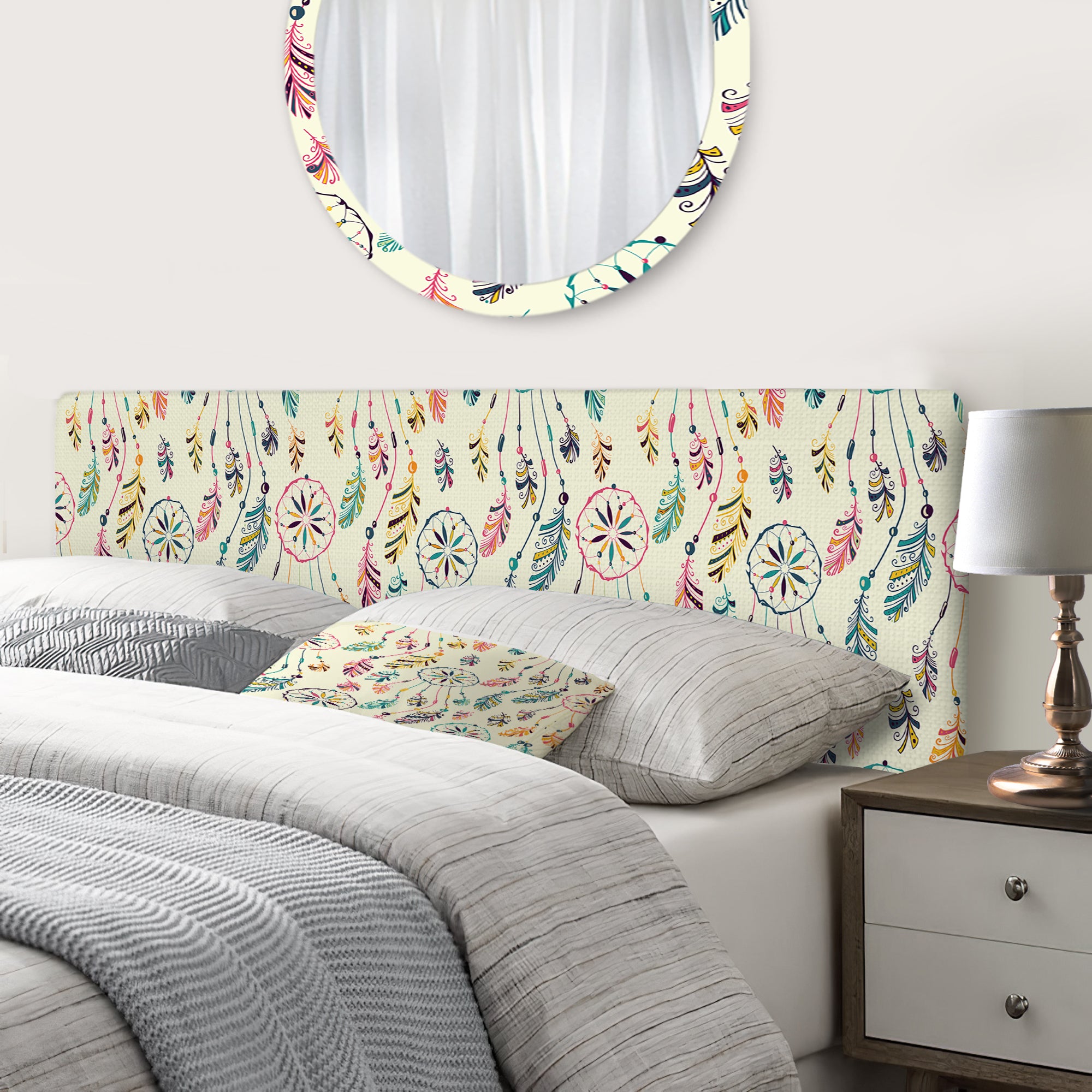 Pattern with Native Indian-American Dream Catcher upholstered headboard