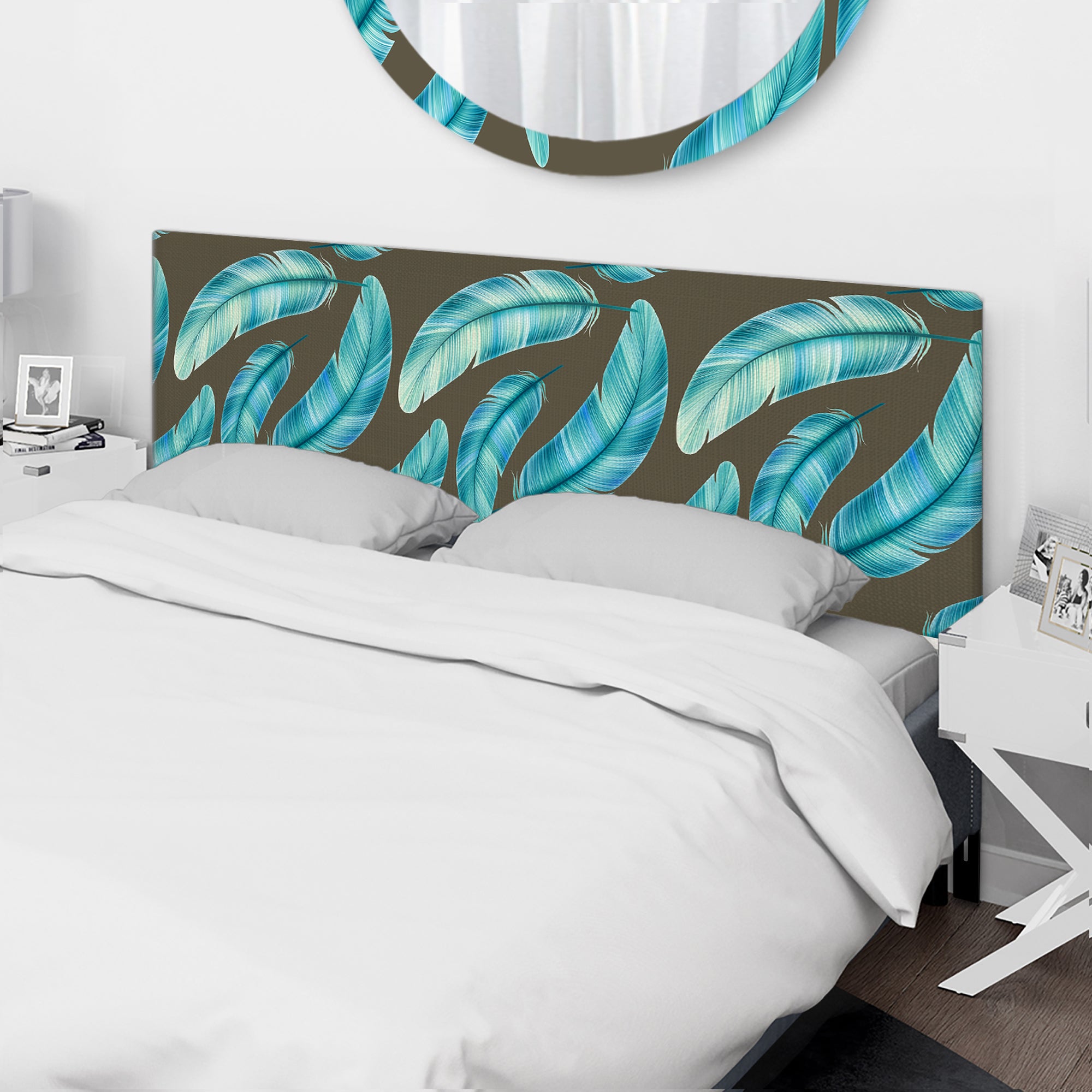 Pattern with Colorful Feathers upholstered headboard
