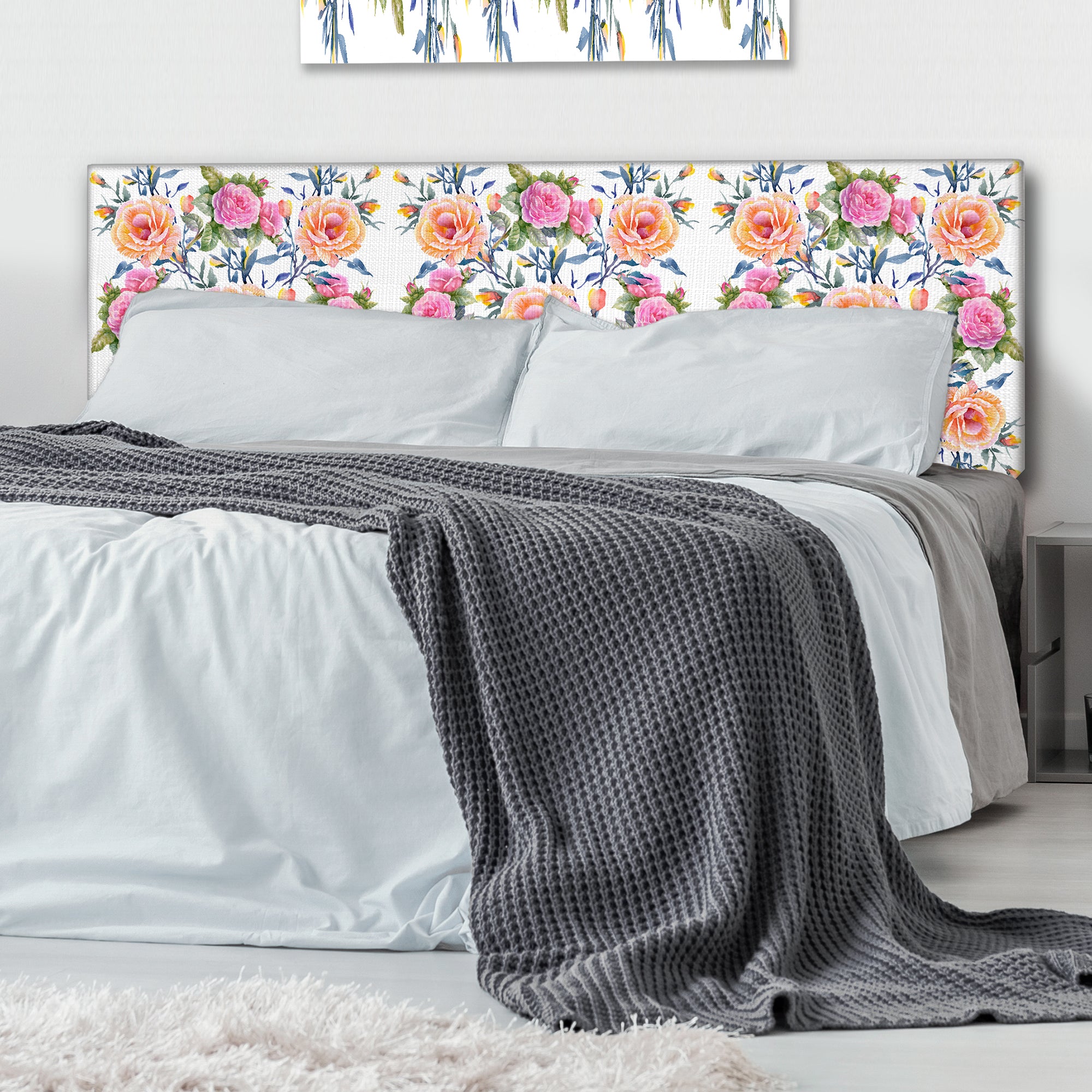 Pink, Purple and Yellow Flowers upholstered headboard