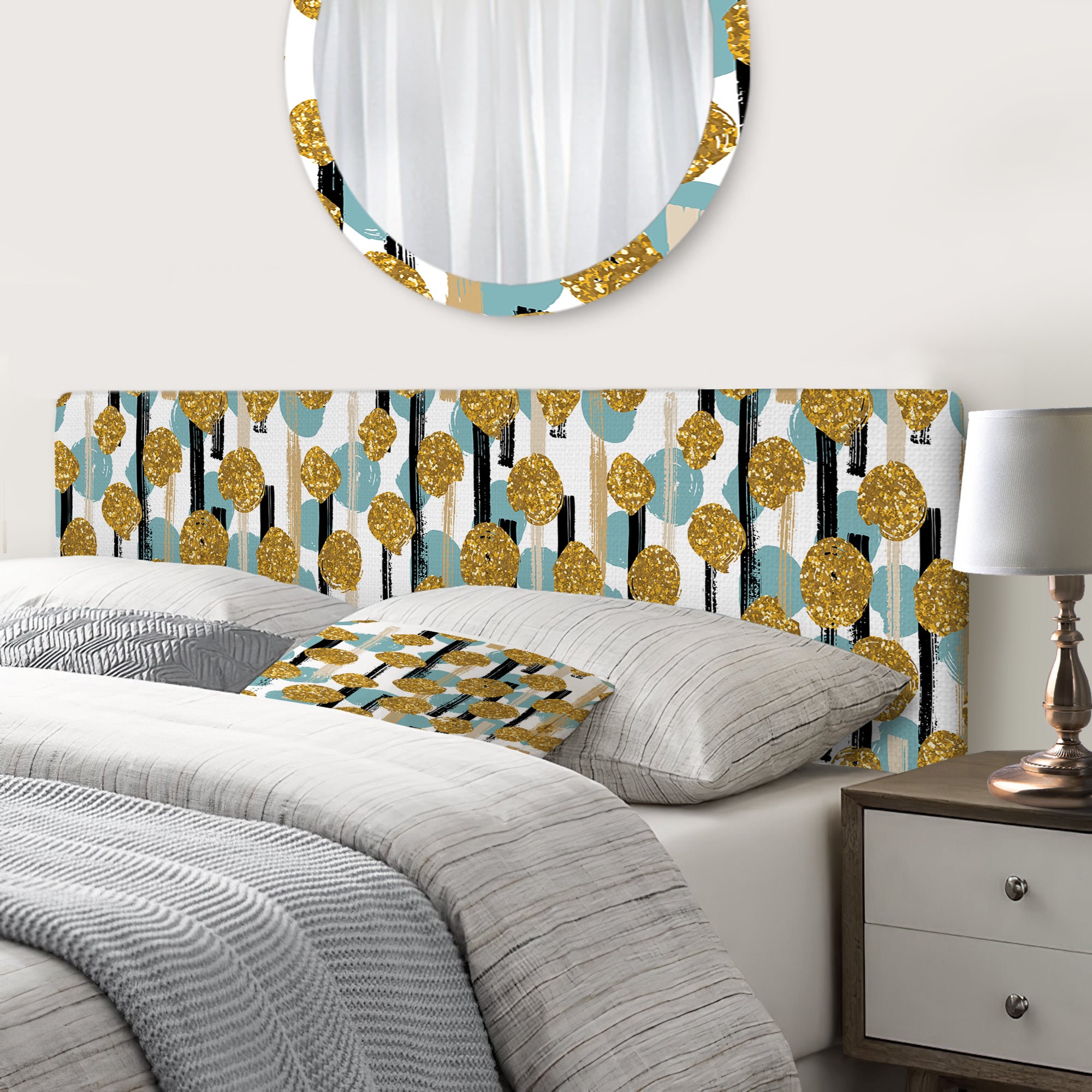 Hand drawn Blue and Golden Glitter Circles upholstered headboard