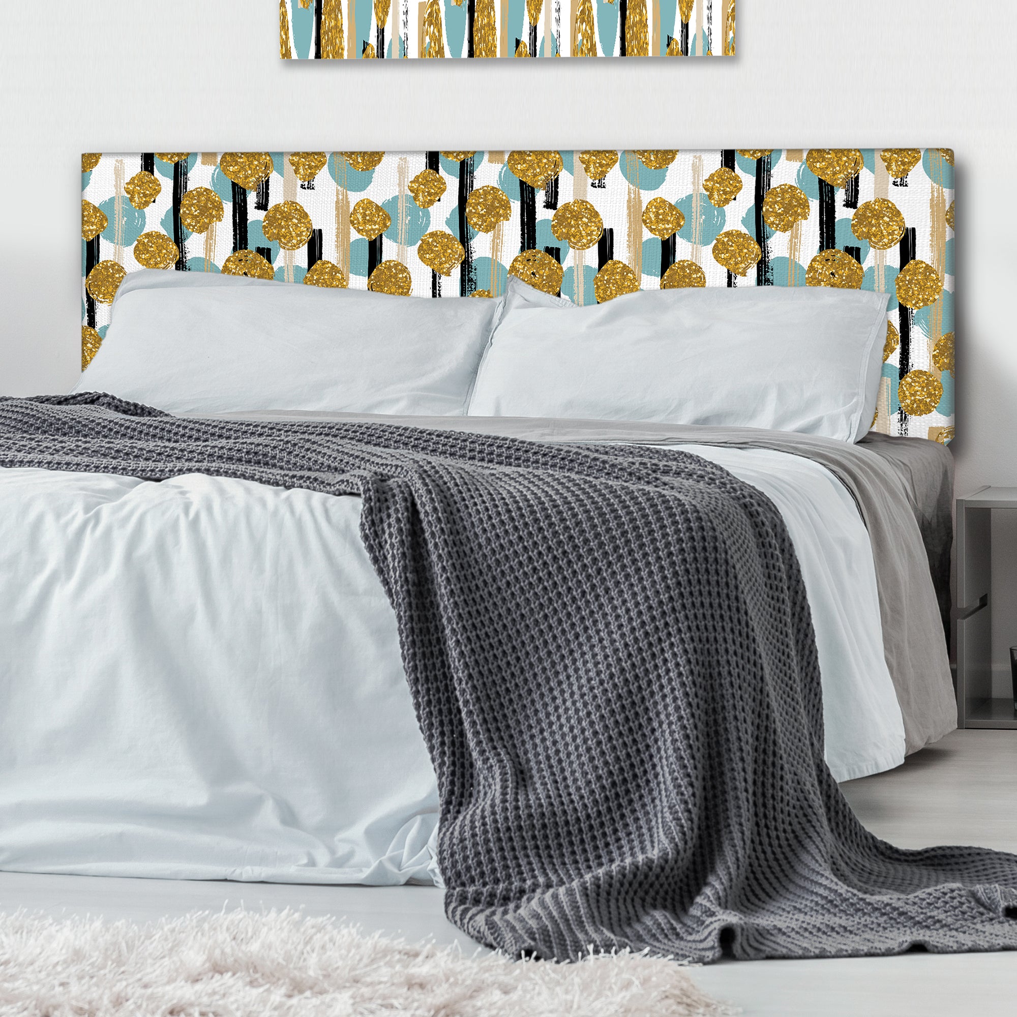 Hand drawn Blue and Golden Glitter Circles upholstered headboard