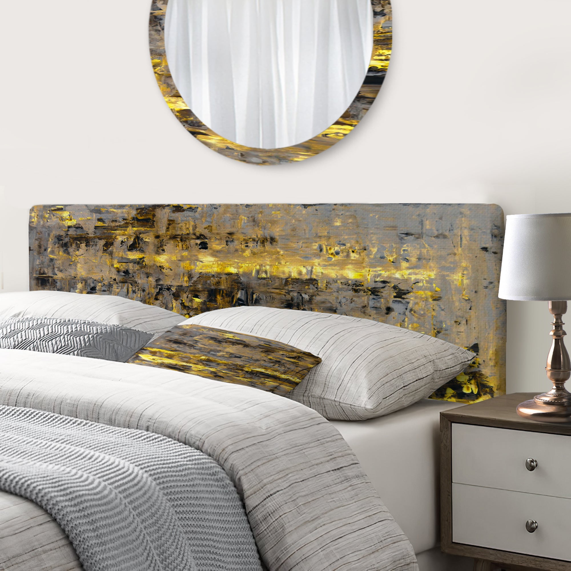 Yellow Meets Grey Abstract Art II upholstered headboard