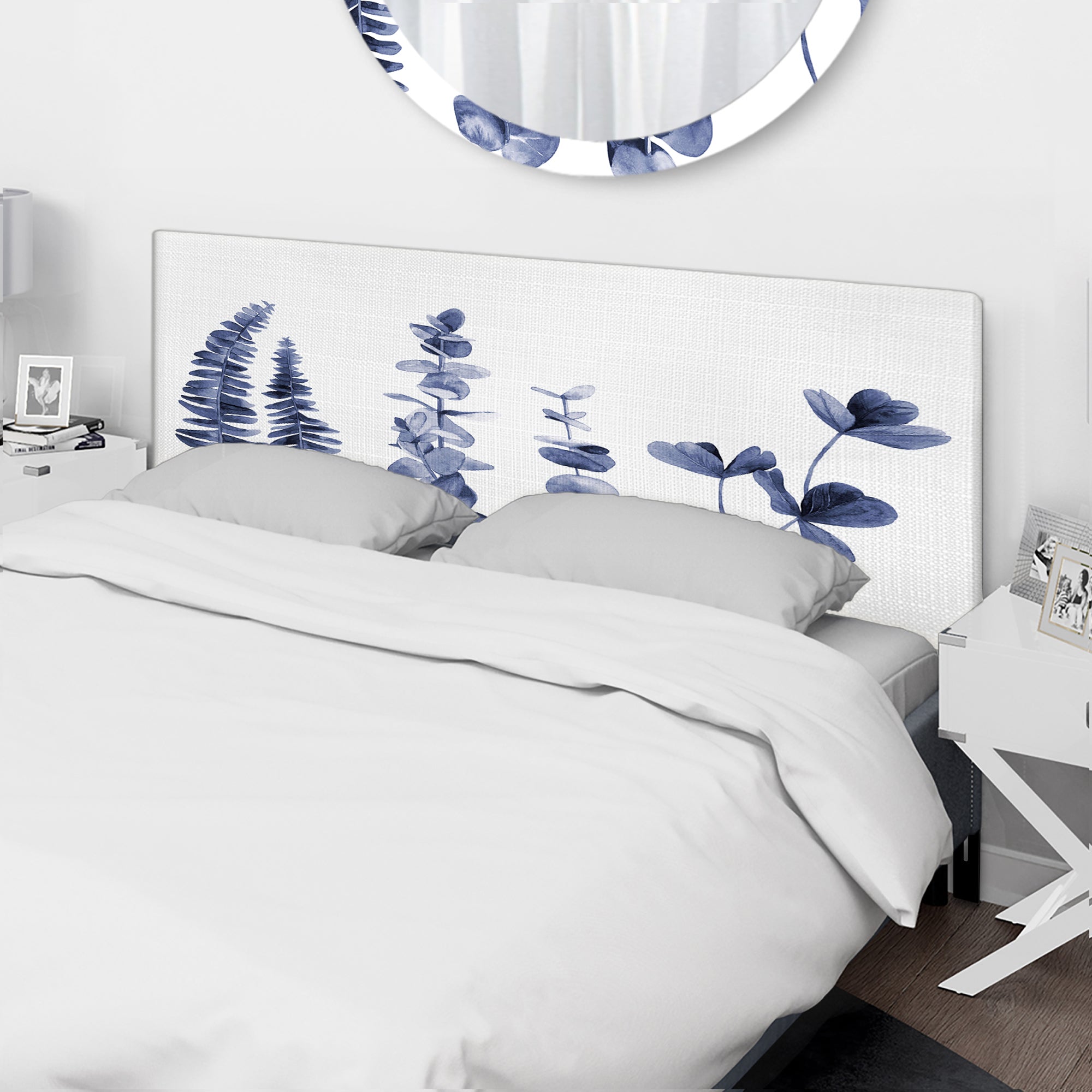 Navy Blue Eucalyptus I upholstered headboard