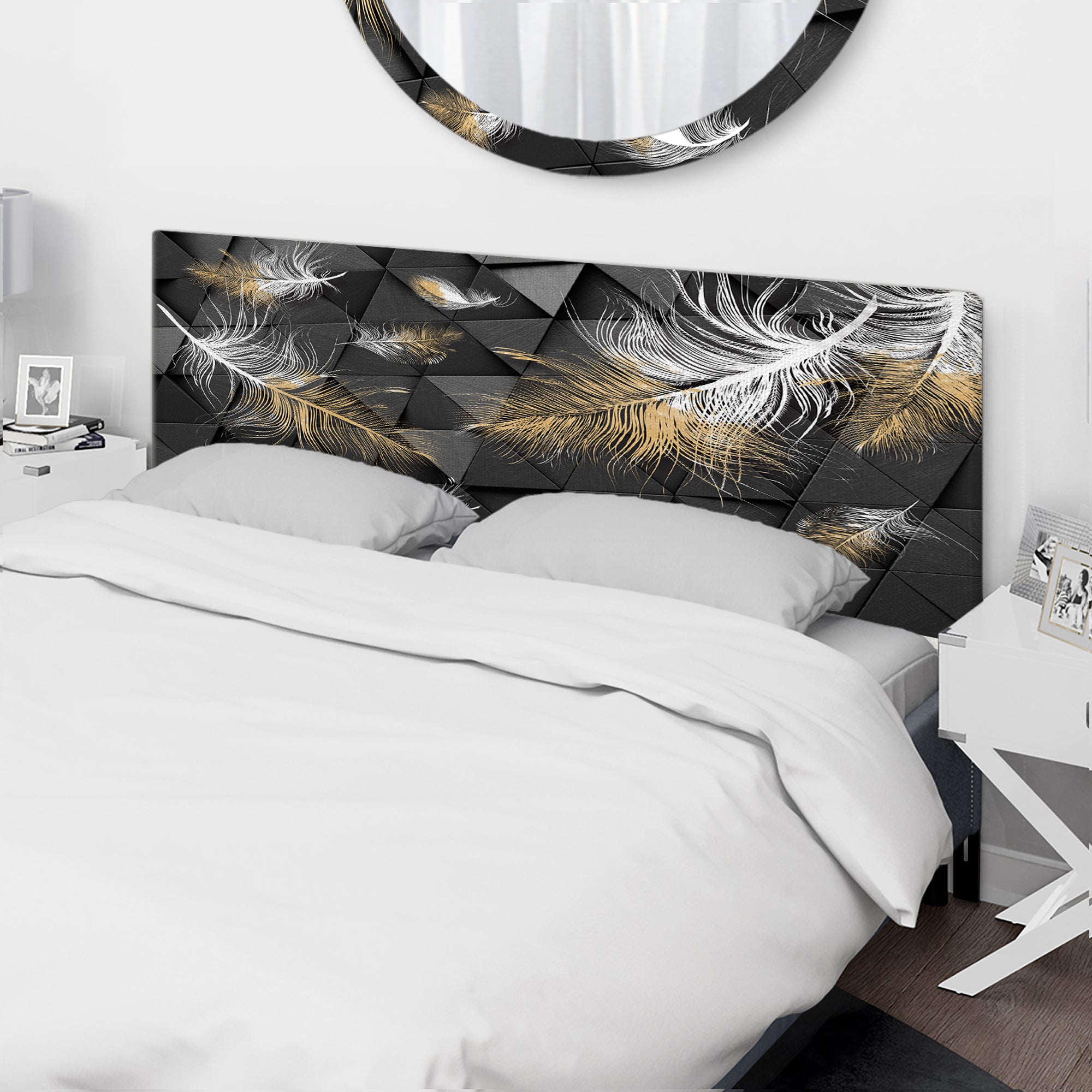 White and Gold Feathers On Triangular upholstered headboard