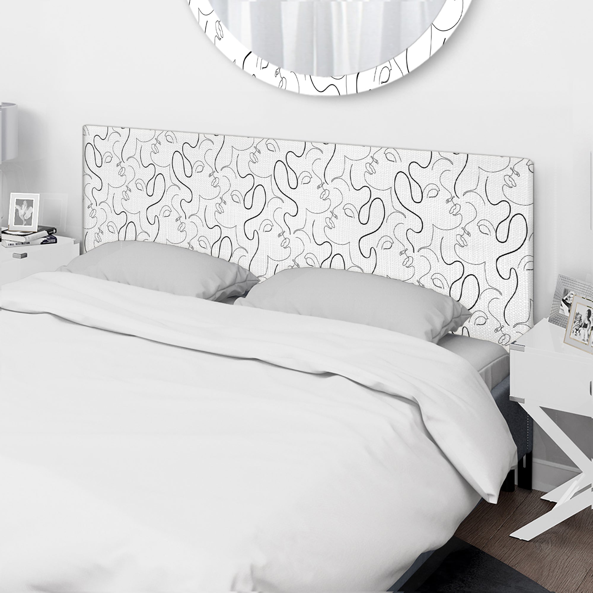 Monochrome One Line Drawing Portraits upholstered headboard