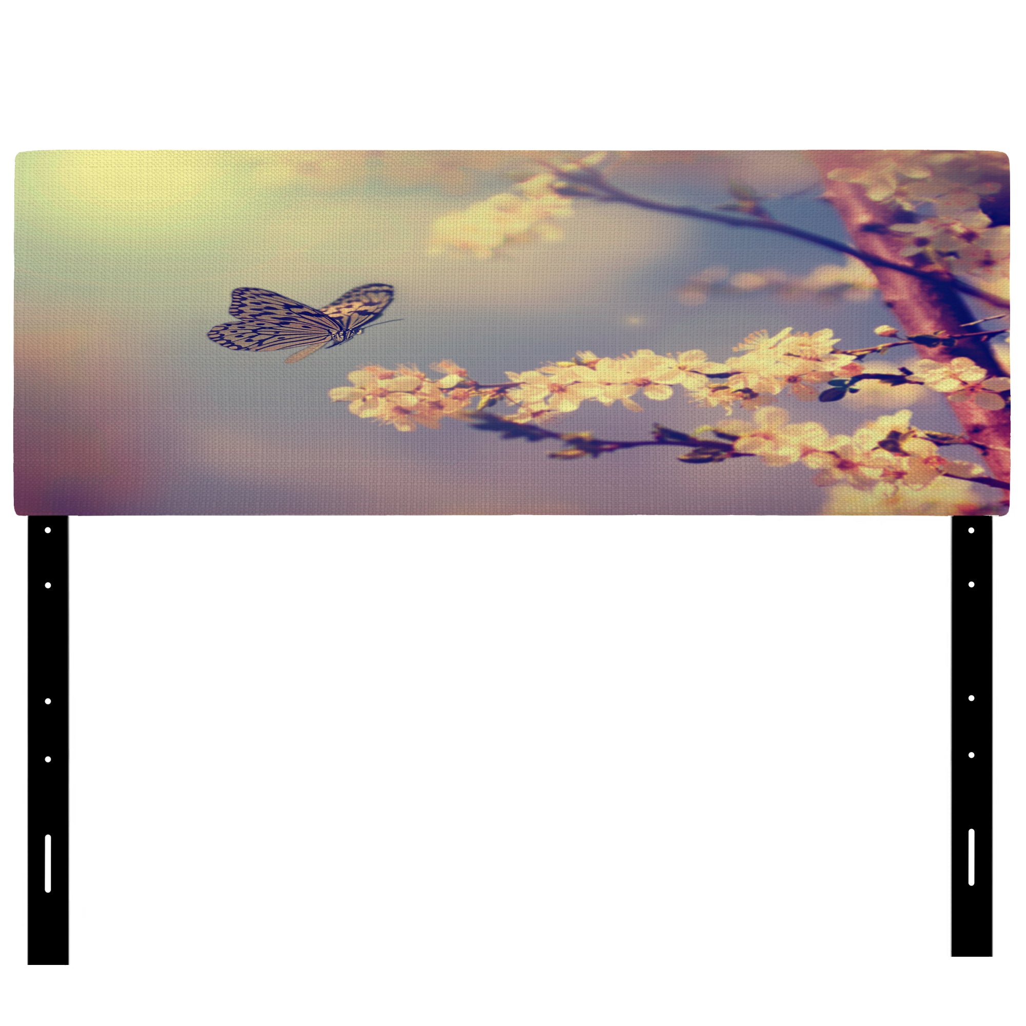Vintage Butterfly Flying To A White Flower upholstered headboard