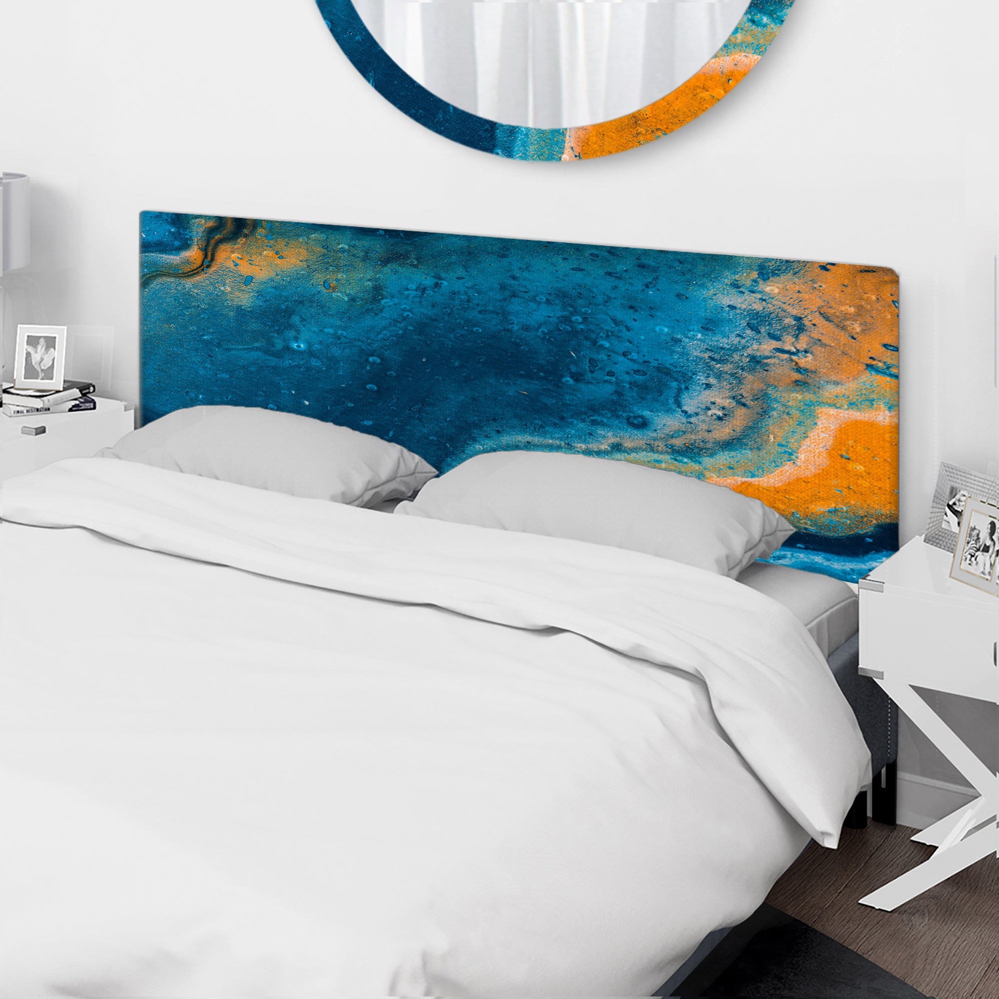 Abstract Marble Composition In Blue and Orange V upholstered headboard