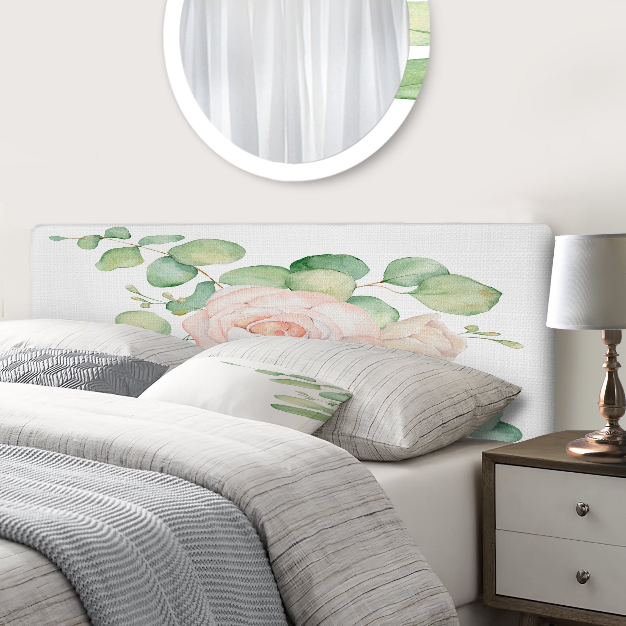 Pink Roses Flowers and Eucalyptus Leaves Bouquet upholstered headboard