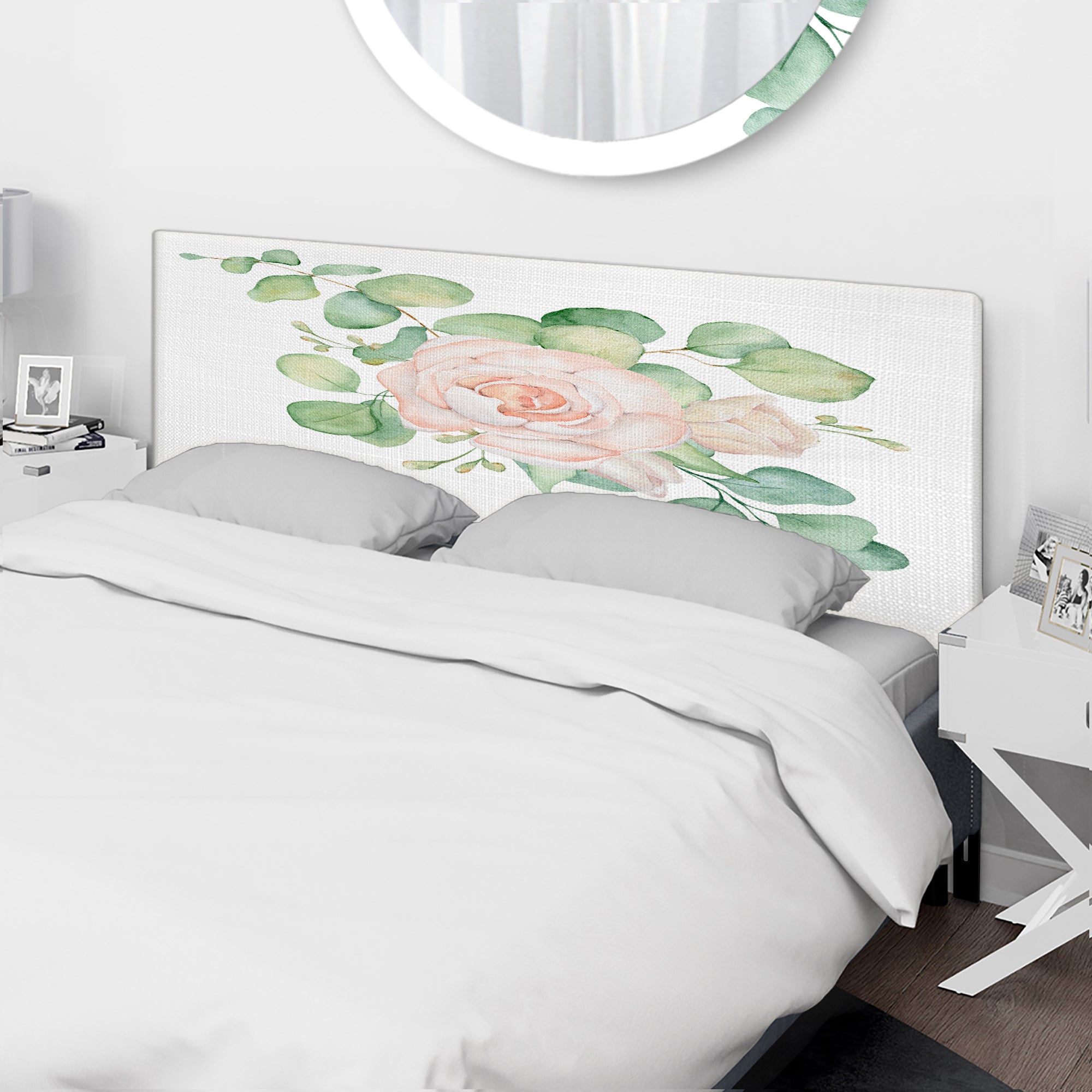 Pink Roses Flowers and Eucalyptus Leaves Bouquet upholstered headboard