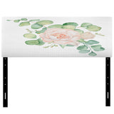 Pink Roses Flowers and Eucalyptus Leaves Bouquet upholstered headboard
