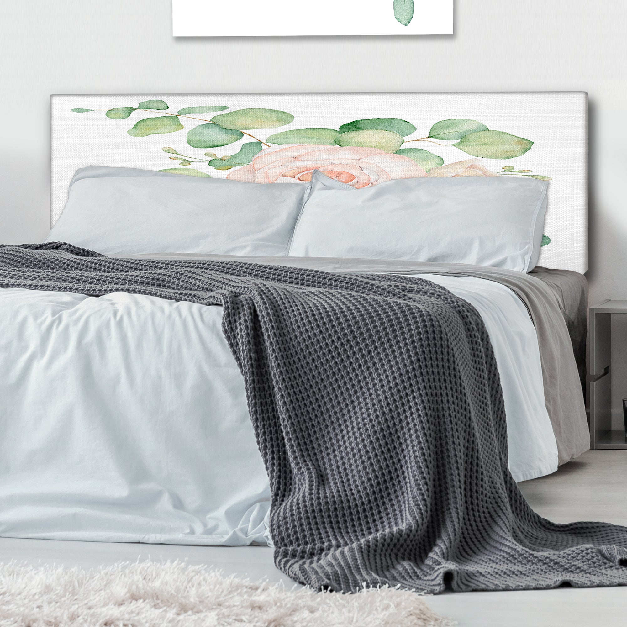 Pink Roses Flowers and Eucalyptus Leaves Bouquet upholstered headboard