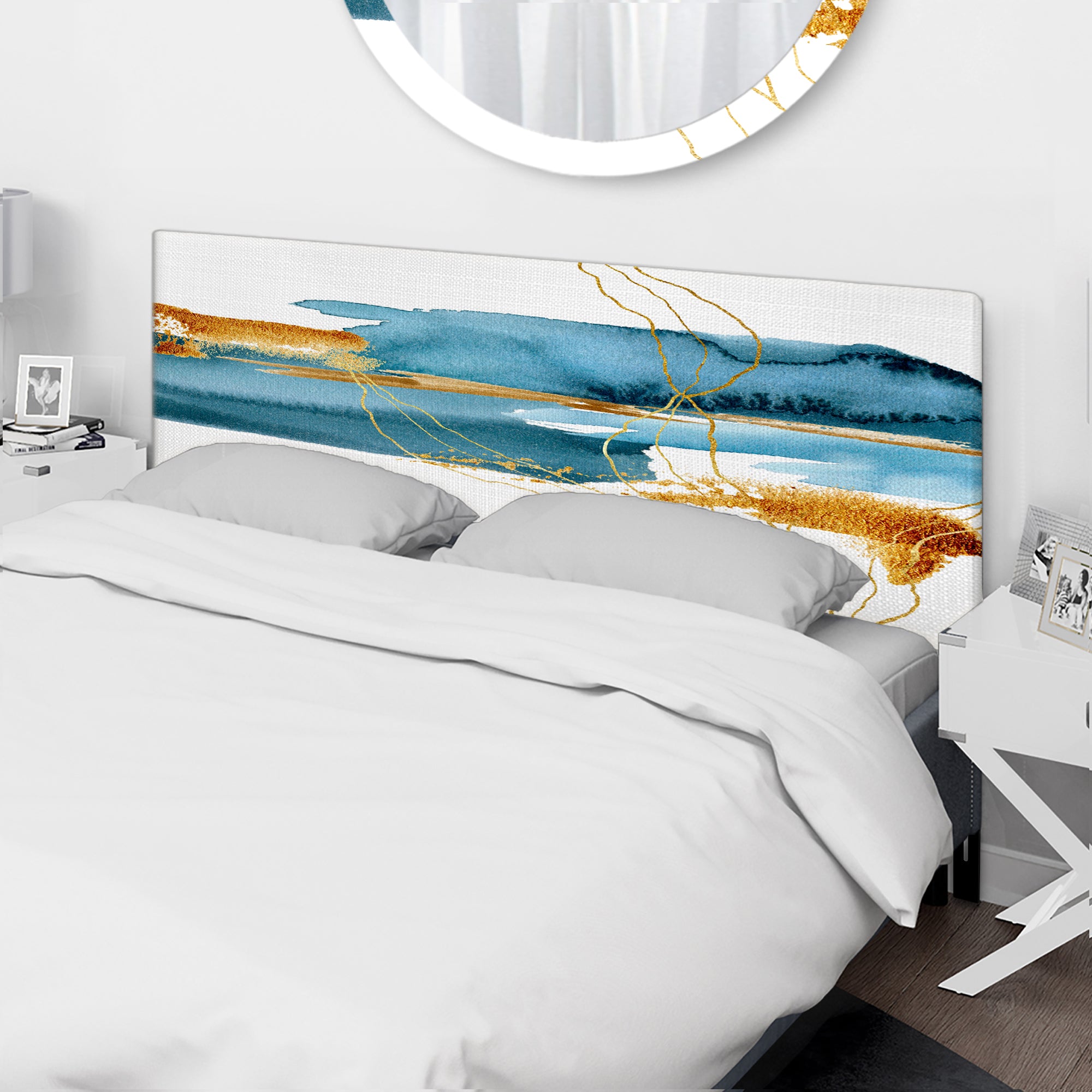 Blue Underwater Plant With Golden Laminaria Branch upholstered headboard