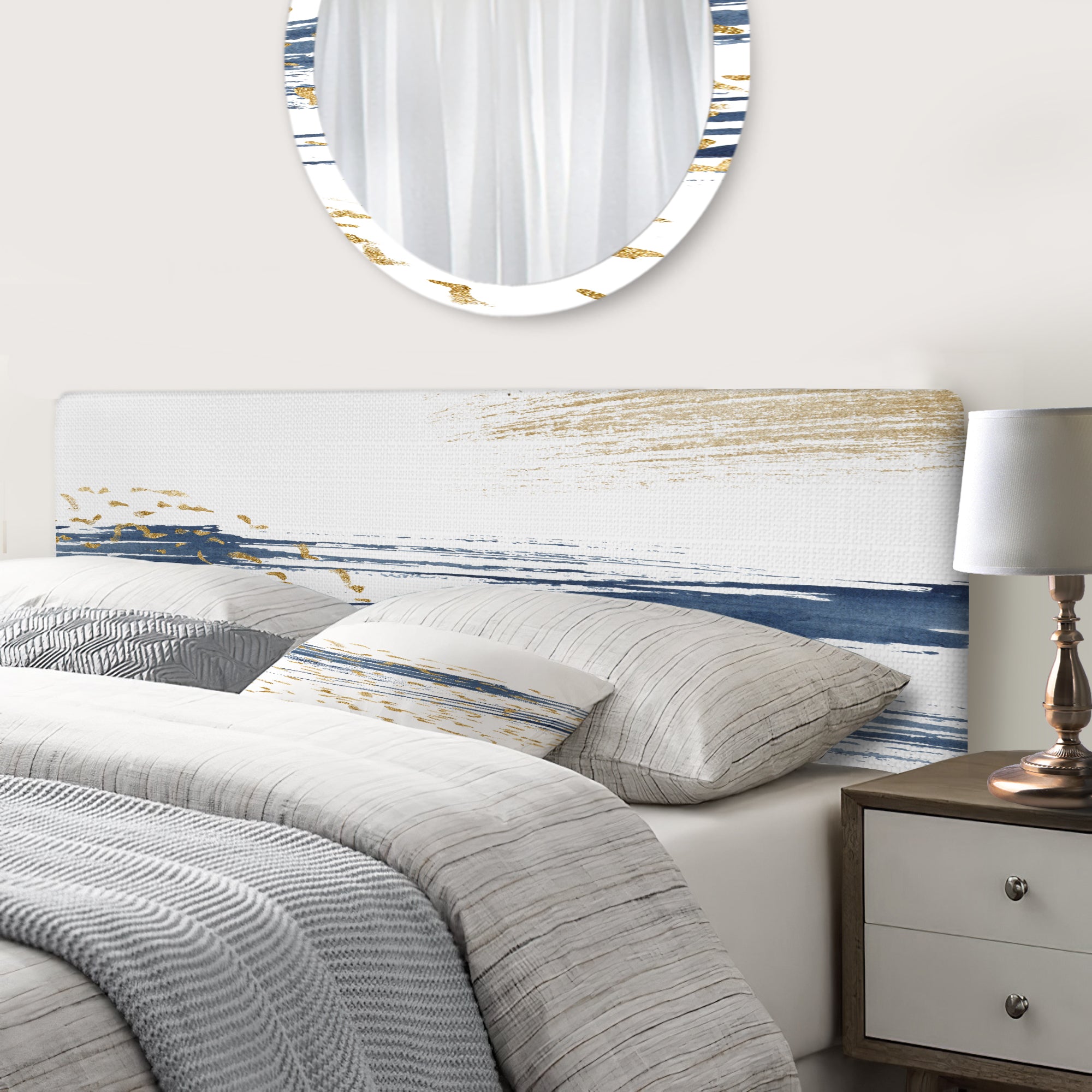 Dark Blue and Gold Abstract I upholstered headboard