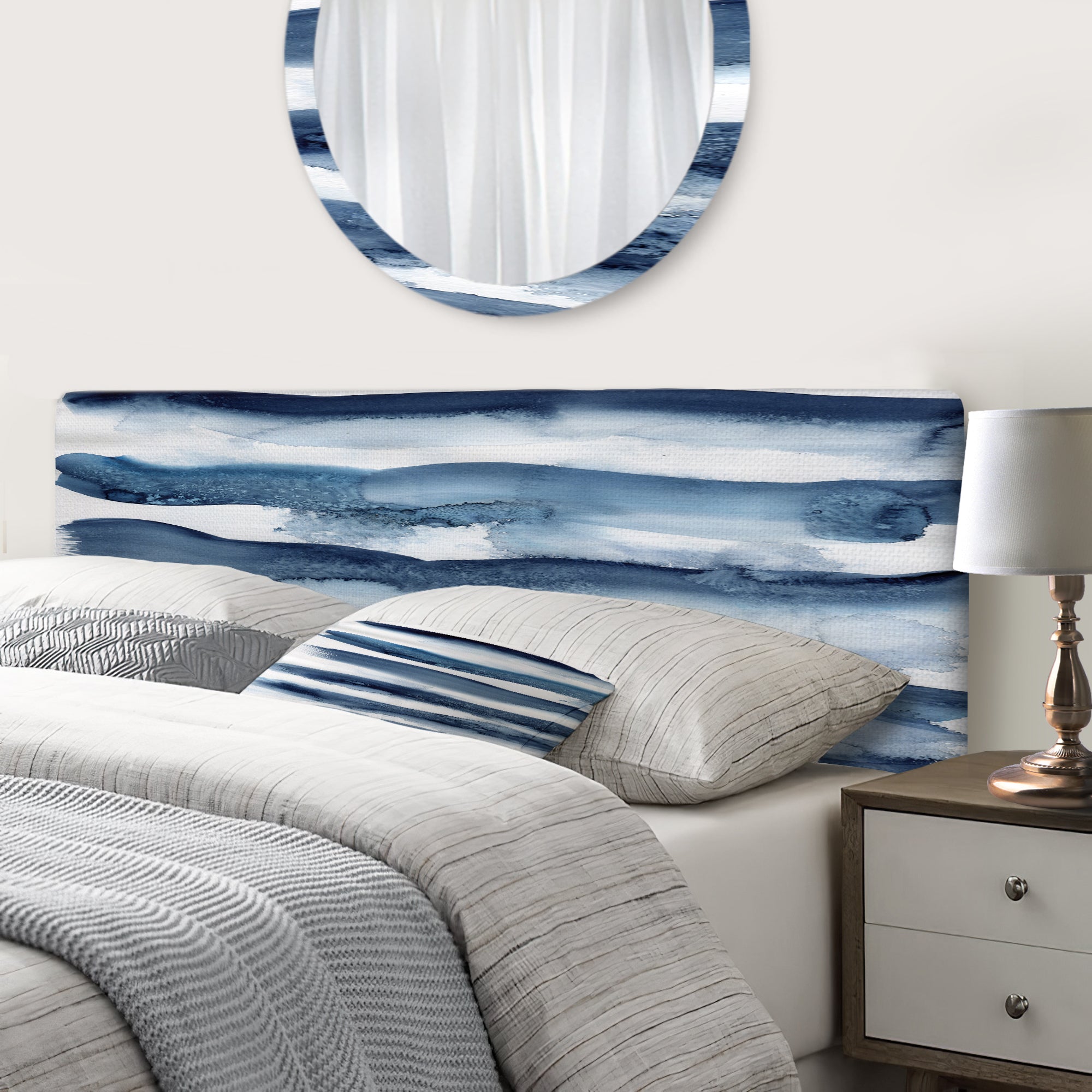 Abstract Classic Blue Waves upholstered headboard