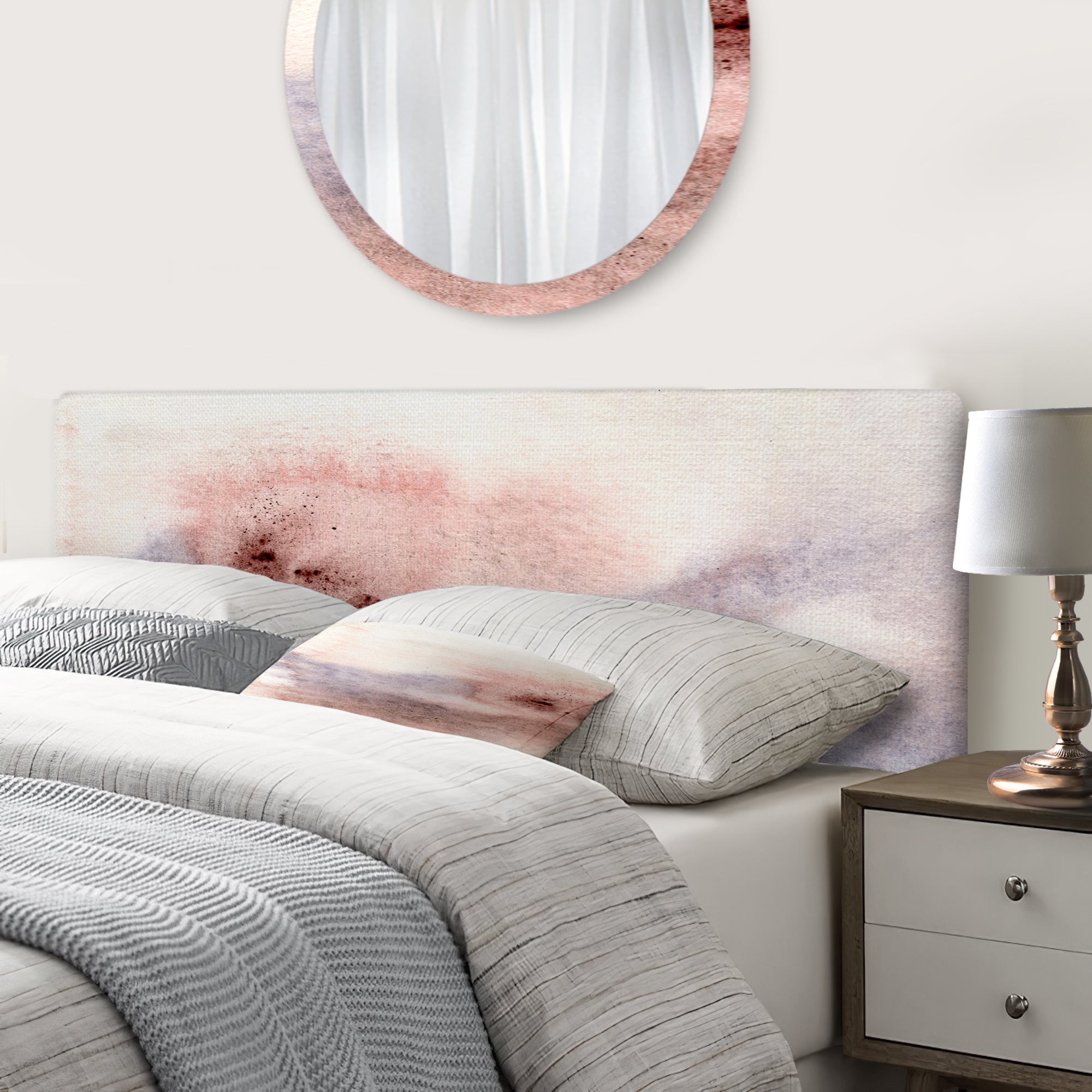 Pastel Abstract With Blue Pink Beige & Red Spots upholstered headboard