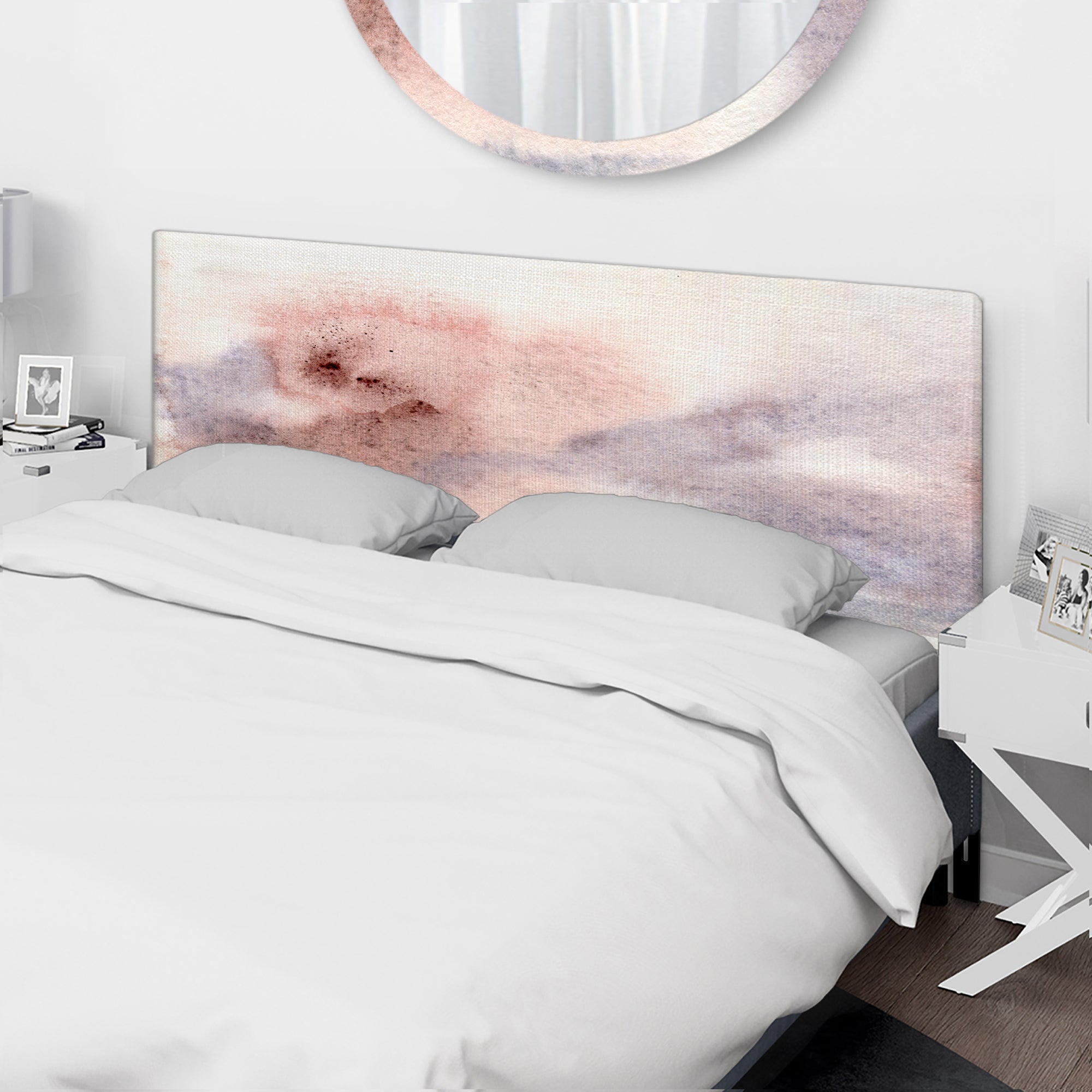 Pastel Abstract With Blue Pink Beige & Red Spots upholstered headboard