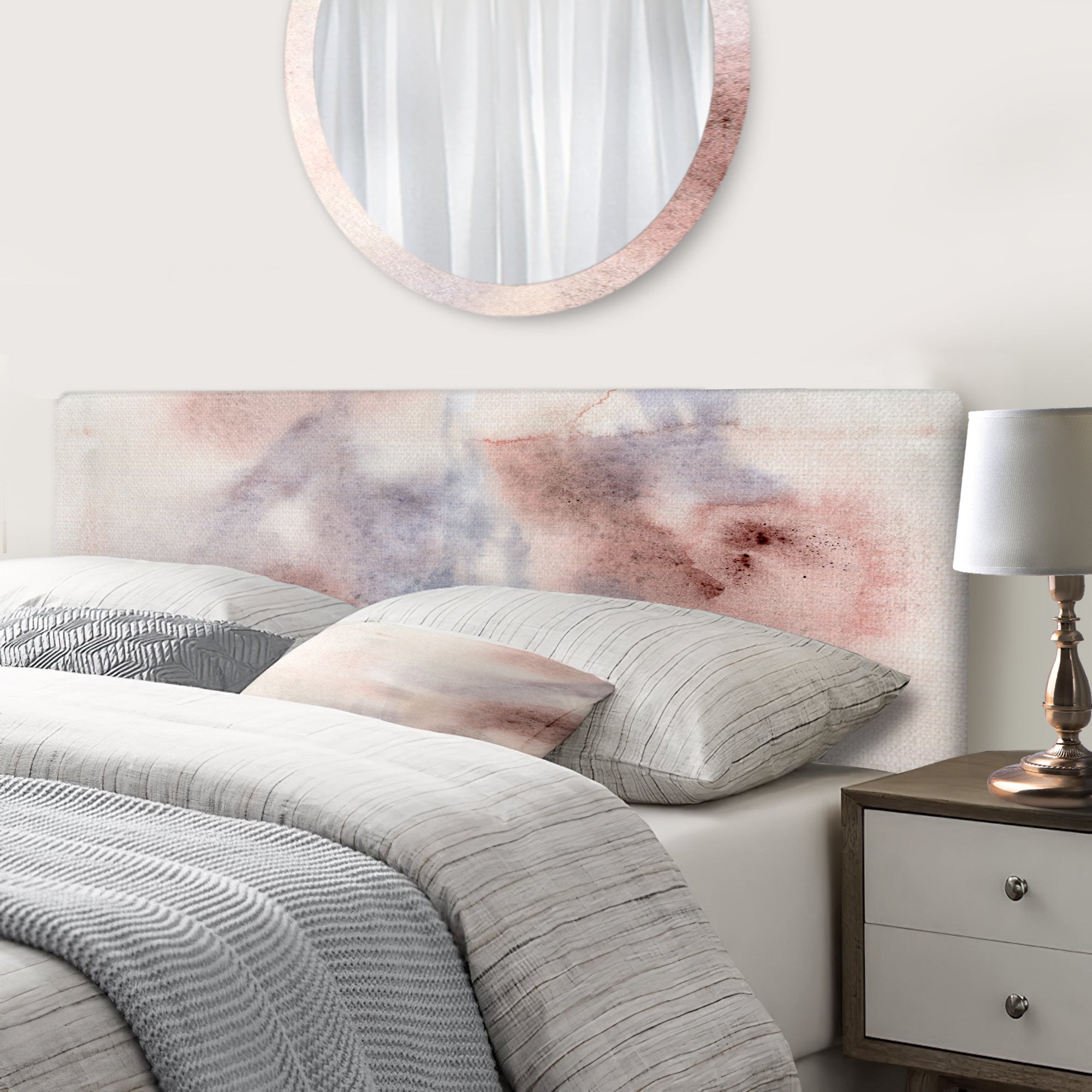 Pastel Abstract With Blue Pink Gray & Red Spots upholstered headboard