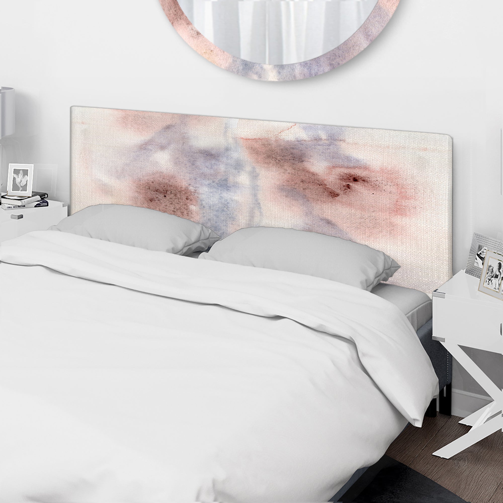 Pastel Abstract With Blue Pink Gray & Red Spots upholstered headboard